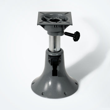 Marinexplore adjustable boat seat bell pedestal with a silver anodized aluminum post, locking knob, and standard mounting top plate on a white background.
