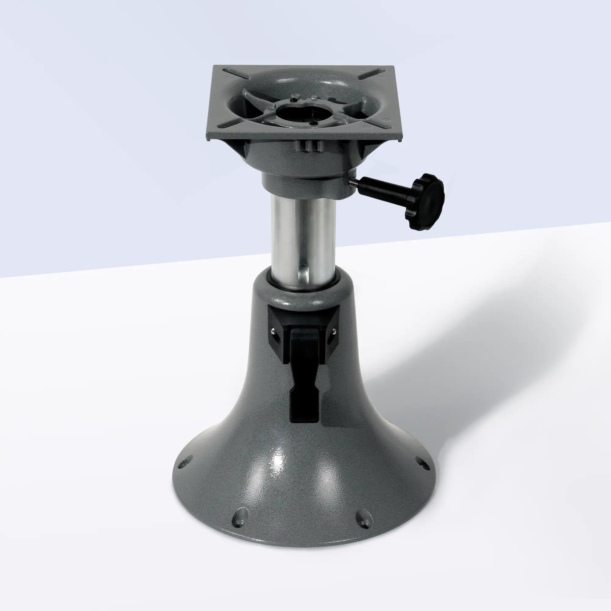 Marinexplore adjustable boat seat bell pedestal with a silver anodized aluminum post, locking knob, and standard mounting top plate on a white background.