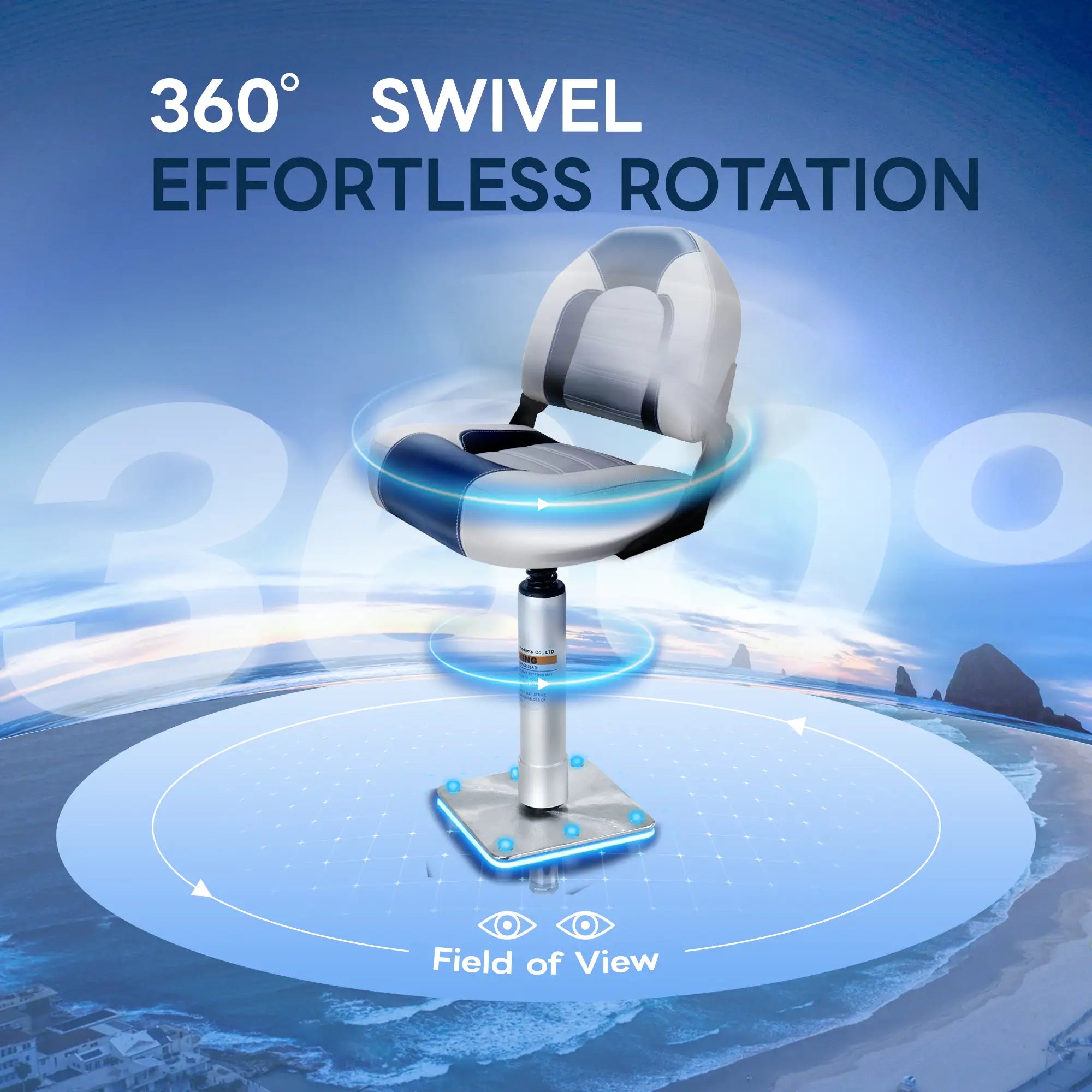 Marinexplore boat seat pedestal base mount kit demonstrating 360-degree swivel effortless rotation for full field of view on board.