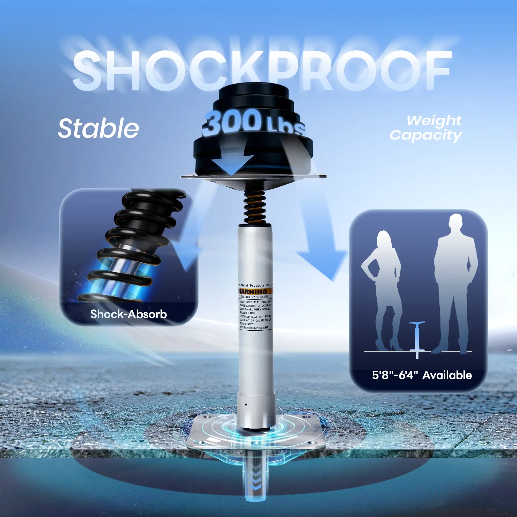 Marinexplore boat seat pedestal mount with shock-absorbing spring, 300 lb weight capacity, fits riders from 5 foot 8 to 6 foot 4.