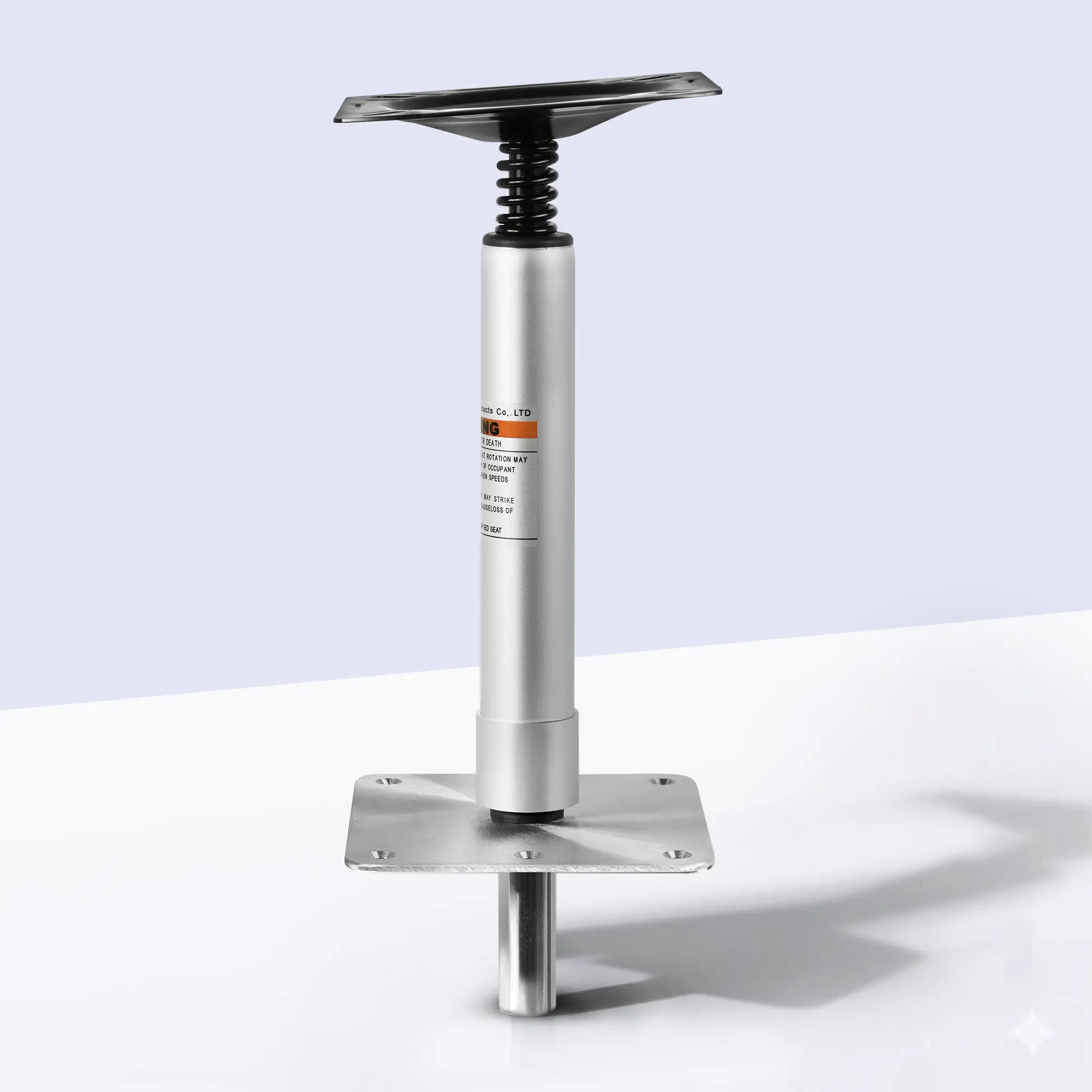 Marinexplore adjustable boat seat pedestal base mount kit with spring-loaded swivel and stainless steel floor plate, silver, front view.