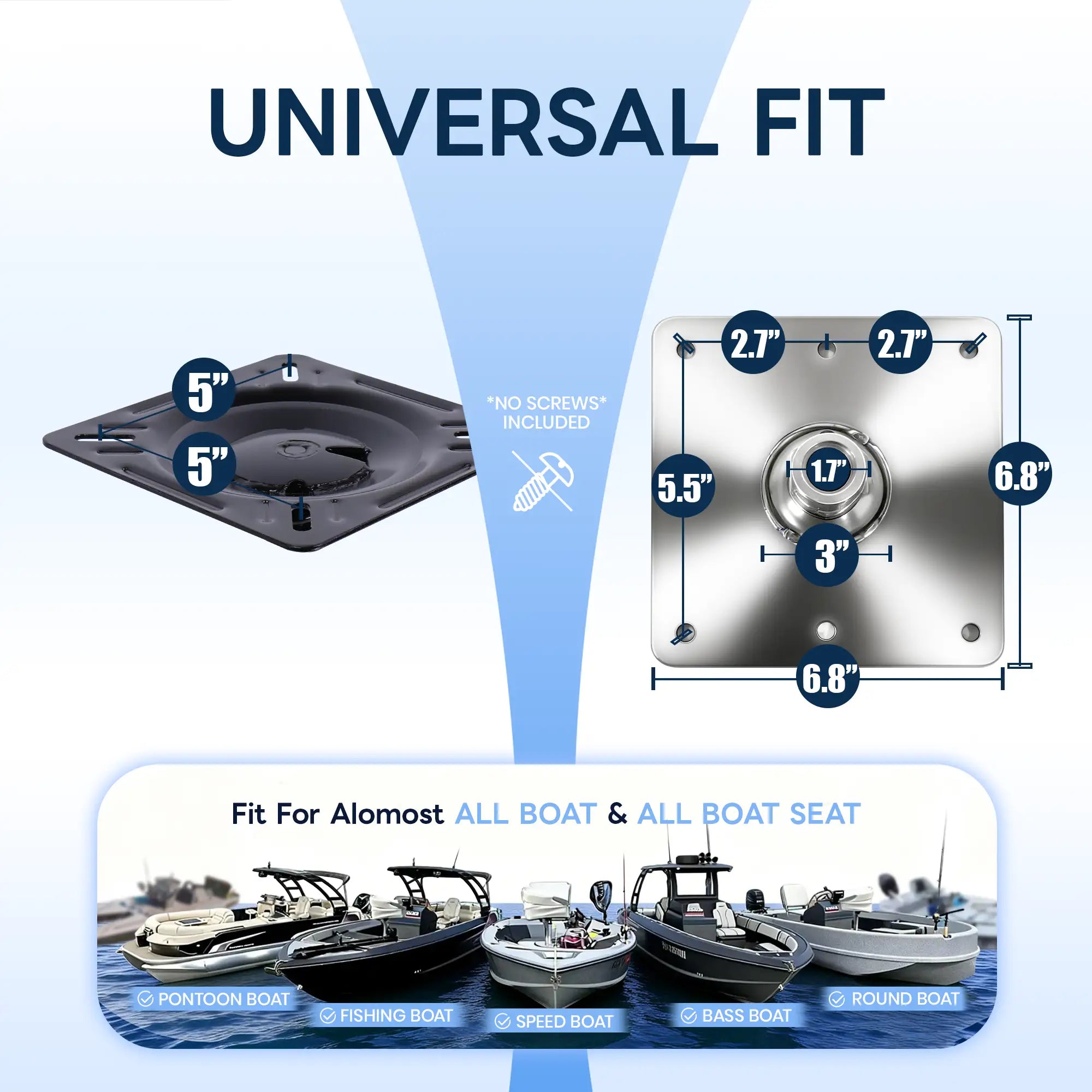 Marinexplore boat seat pedestal base mount with 5x5 inch bolt pattern top plate and 6.8x6.8 inch stainless base, fits pontoon, fishing, speed, bass, and round boats.