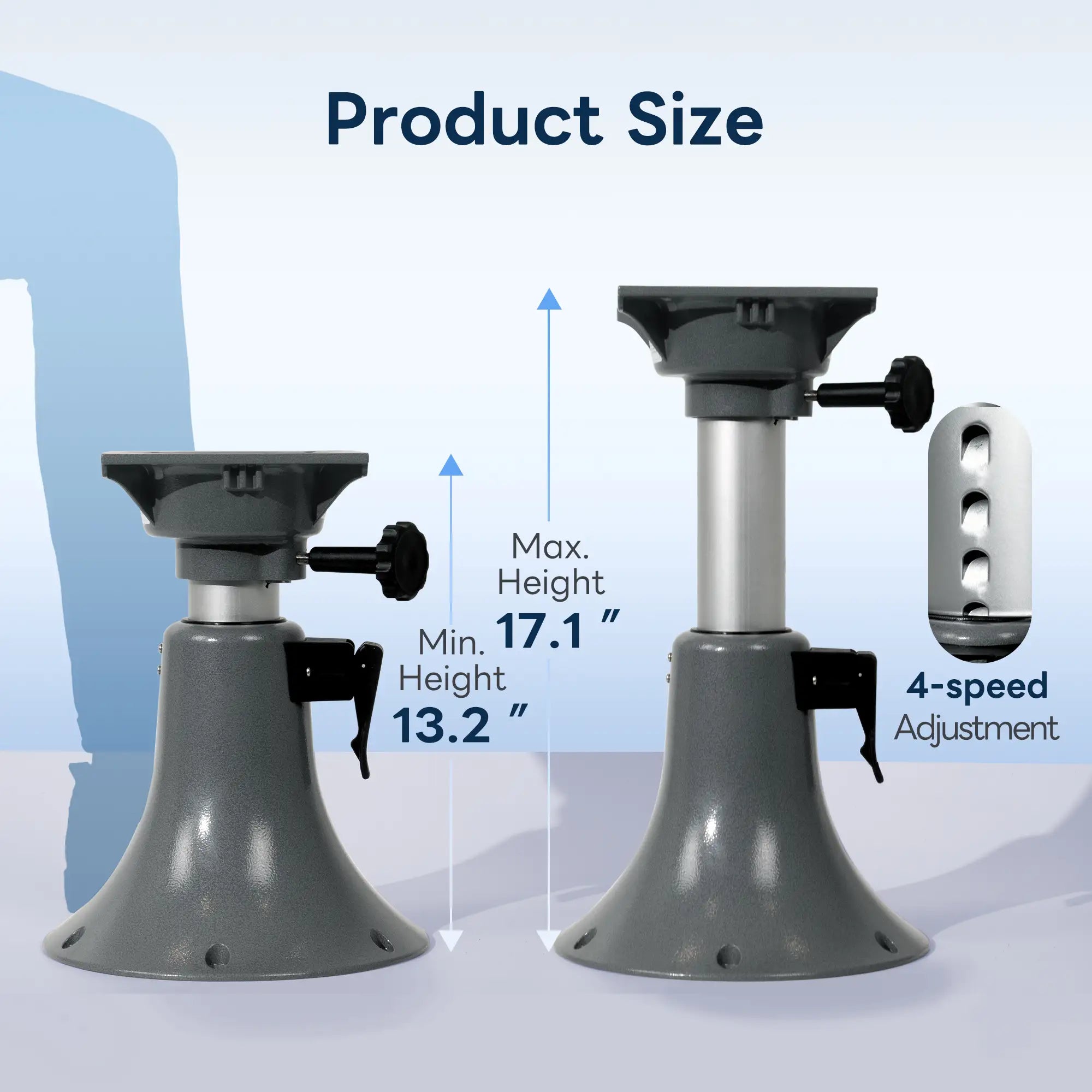 Product size diagram showing the Marinexplore boat seat pedestal adjusting from a minimum height of 13.2 inches to a maximum height of 17.1 inches with 4-speed adjustment holes.