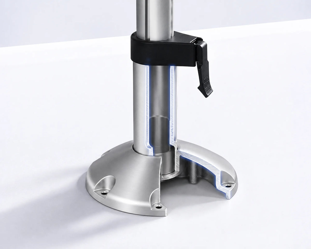 Close-up of a silver adjustable boat seat pedestal with a black clamp lever and round mounting base.