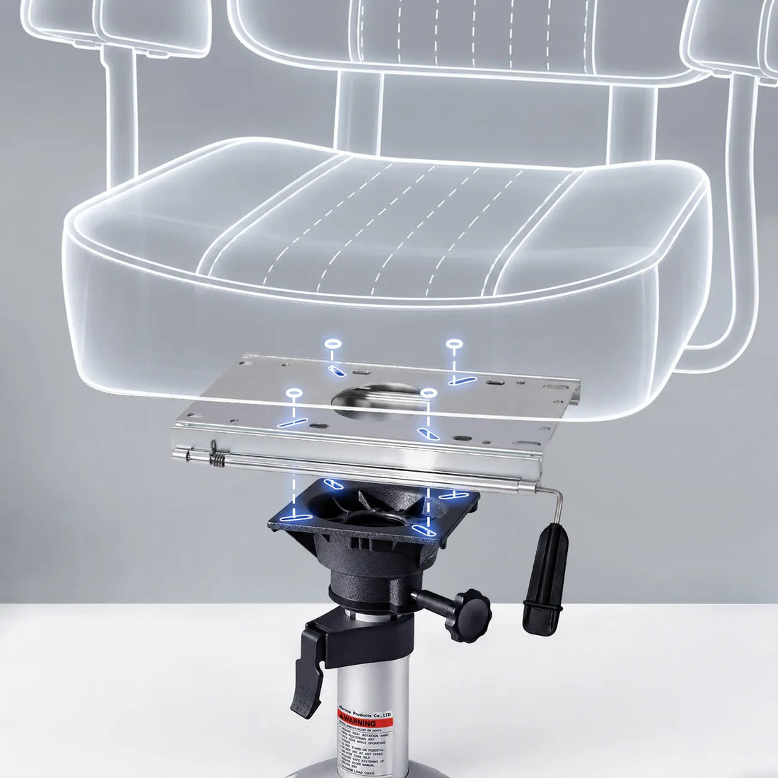 Exploded view of a captain's seat, slide mount, and adjustable silver boat seat pedestal assembly.