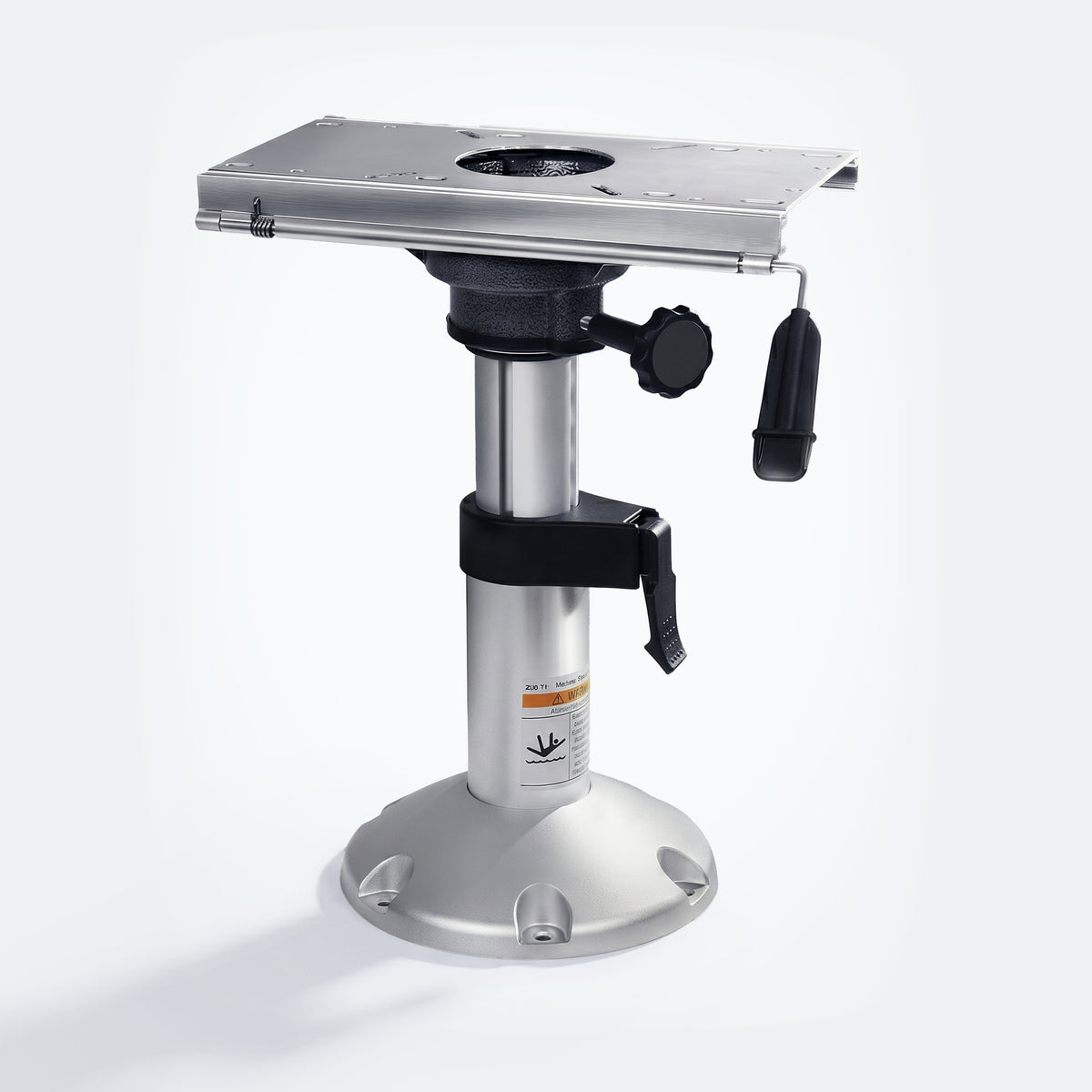 Marinexplore silver adjustable boat seat pedestal with built in slide mount and heavy duty locking knob, front view.