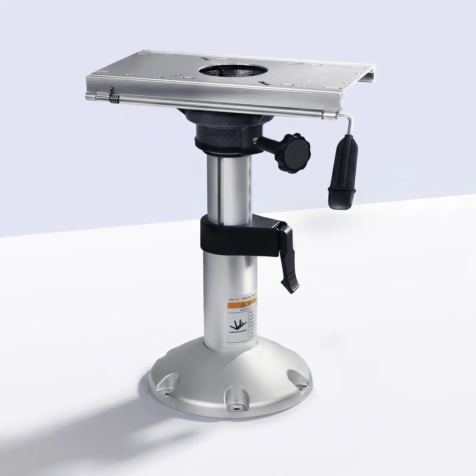 Marinexplore silver adjustable boat seat pedestal with built in slide mount and heavy duty locking knob, front view.