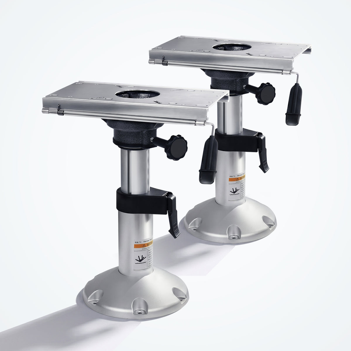 Two pack of Marinexplore adjustable boat seat pedestals with 360 degree swivel and slide mount function.