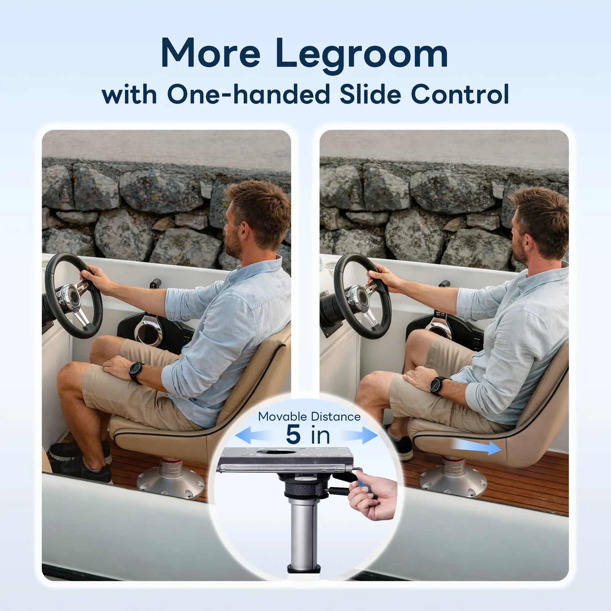 A captain adjusting his seating position using the one-handed slide control lever to slide the boat seat mount 5 inches for increased legroom.
