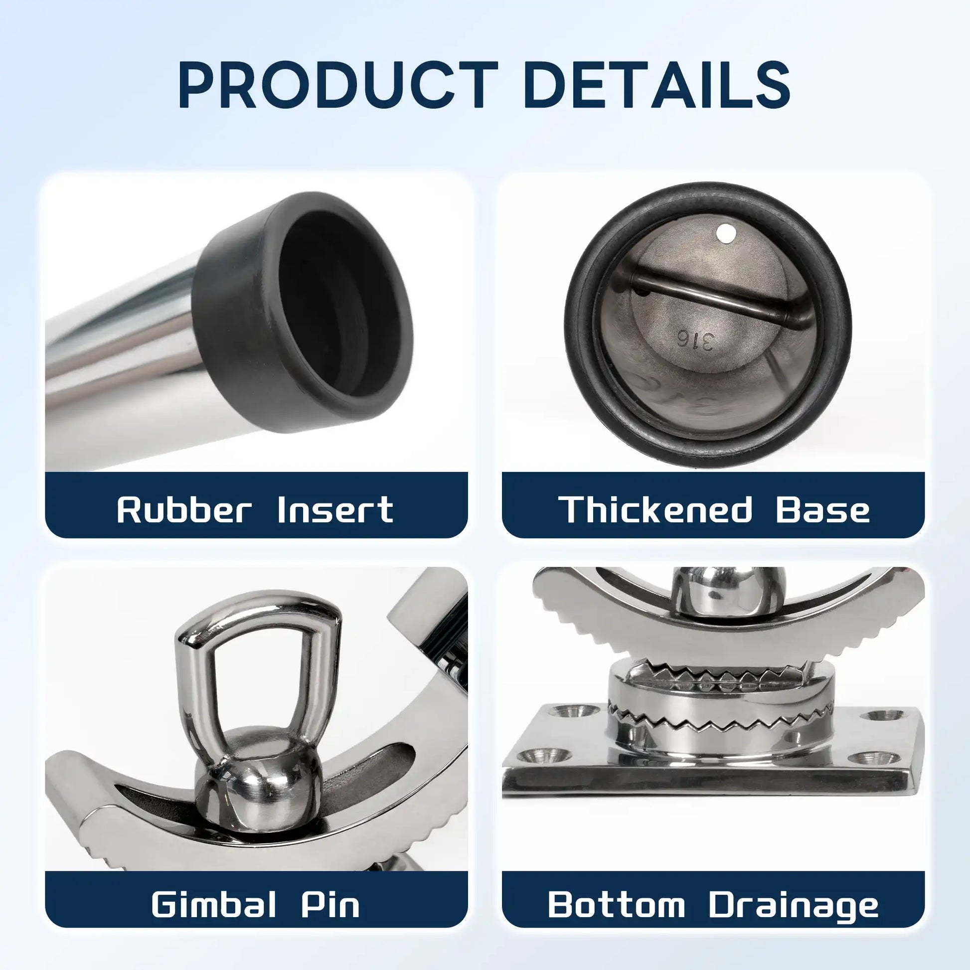 Close-up details of Marinexplore rod holder showing the rubber liner, gimbal pin, and serrated drainage base.