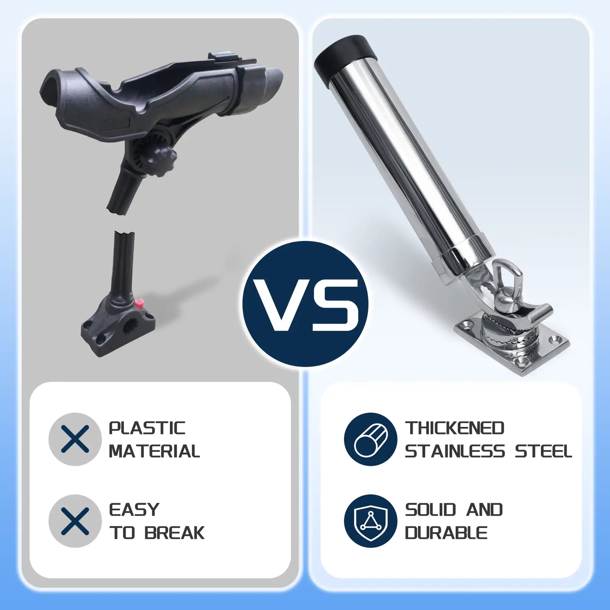 Comparison of a plastic rod holder versus Marinexplore thickened stainless steel rod holder for durability.