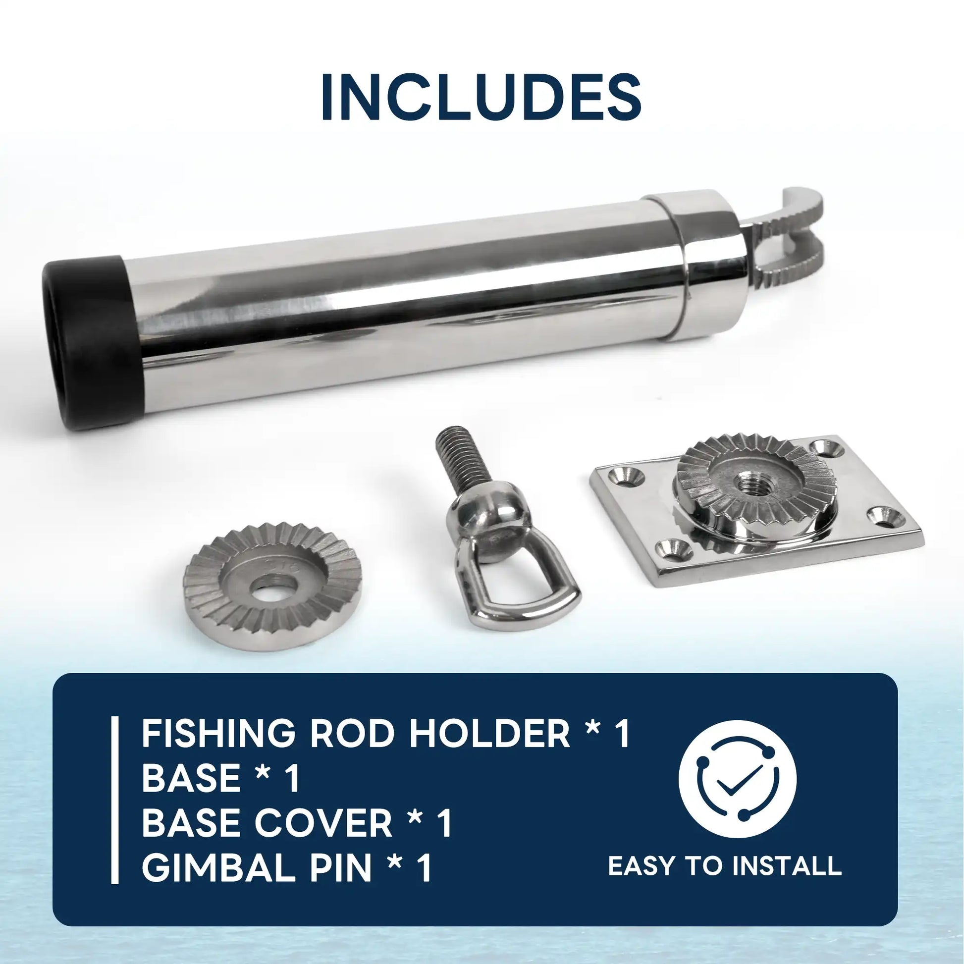 Marinexplore rod holder package including the tube, base, base cover, and gimbal pin for quick installation.