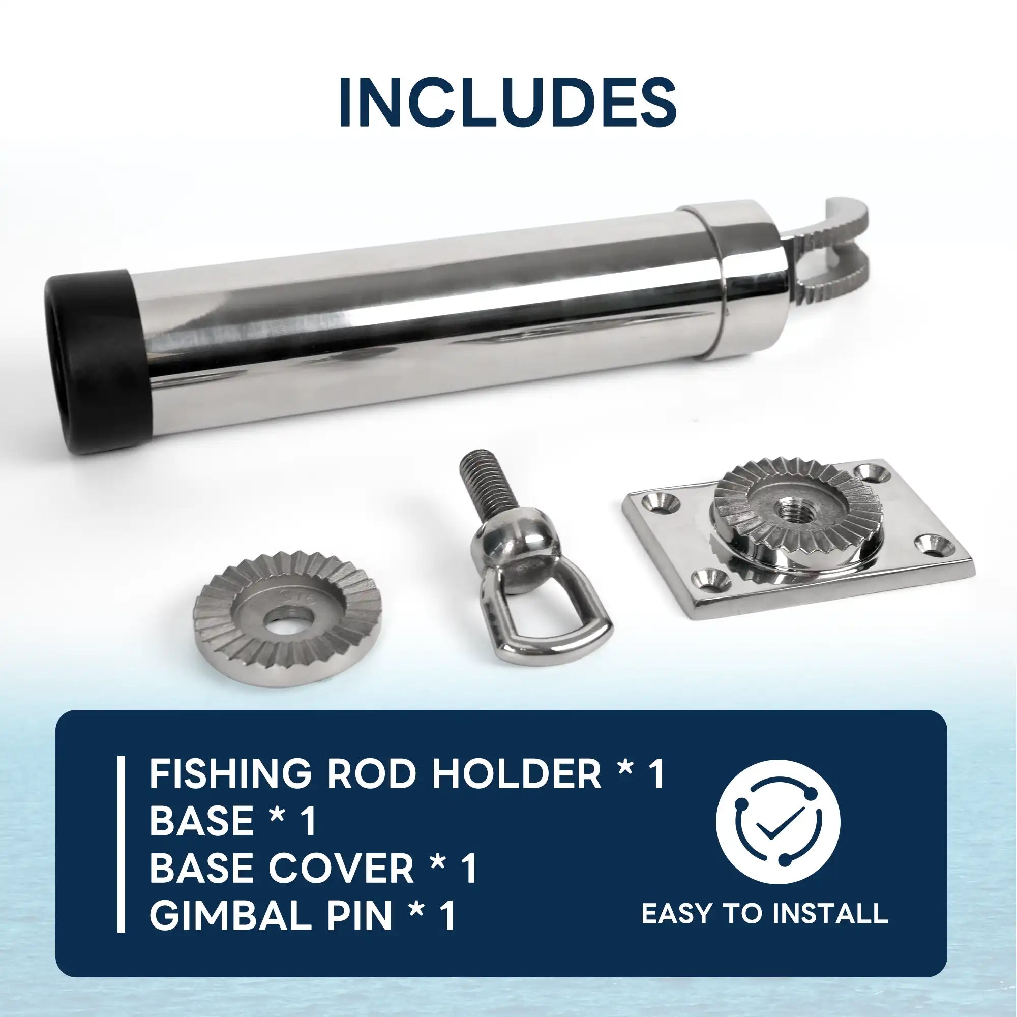 Marinexplore rod holder package including the tube, base, base cover, and gimbal pin for quick installation.