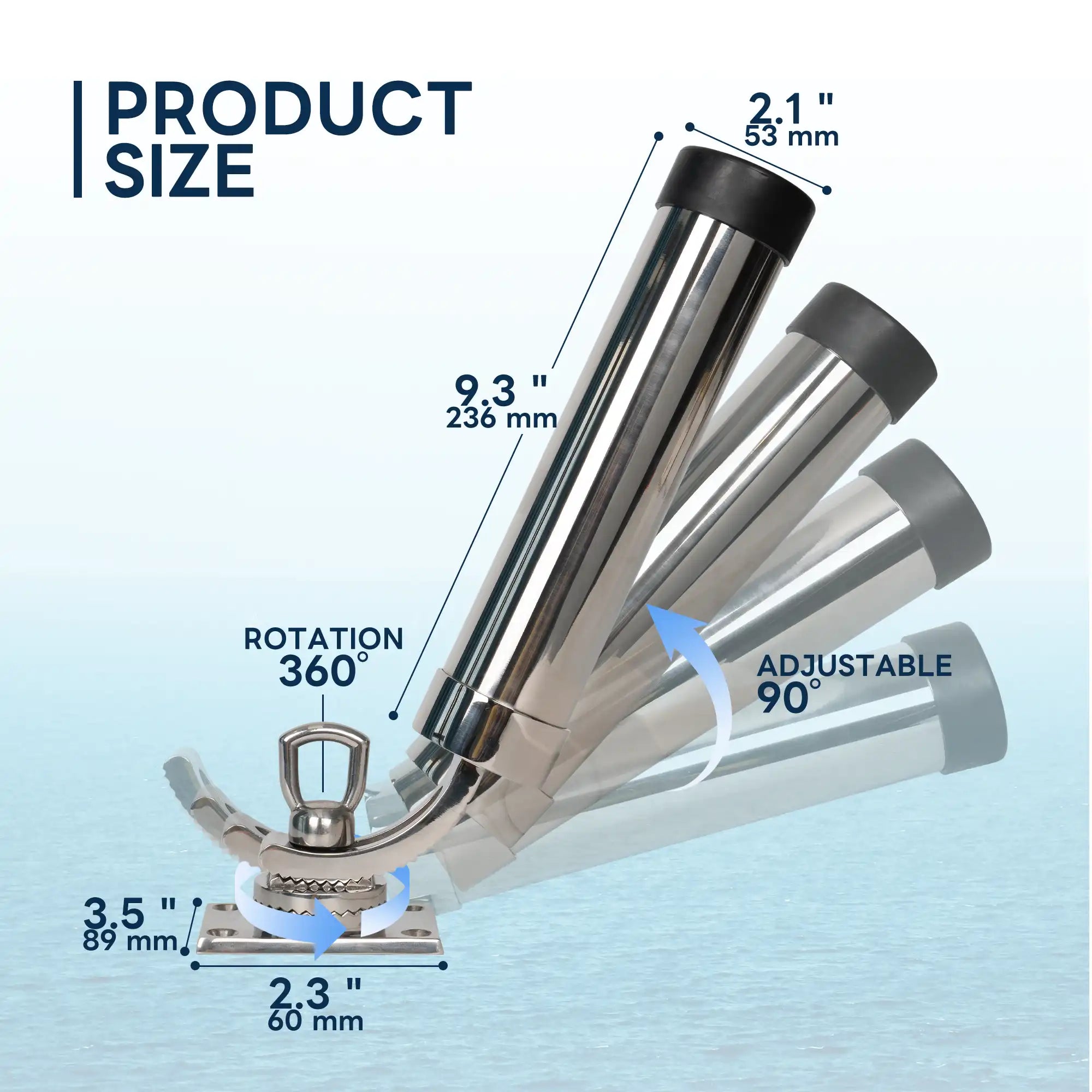 Dimension chart of Marinexplore rod holder showing 360 degree rotation and 90 degree angle adjustment range.