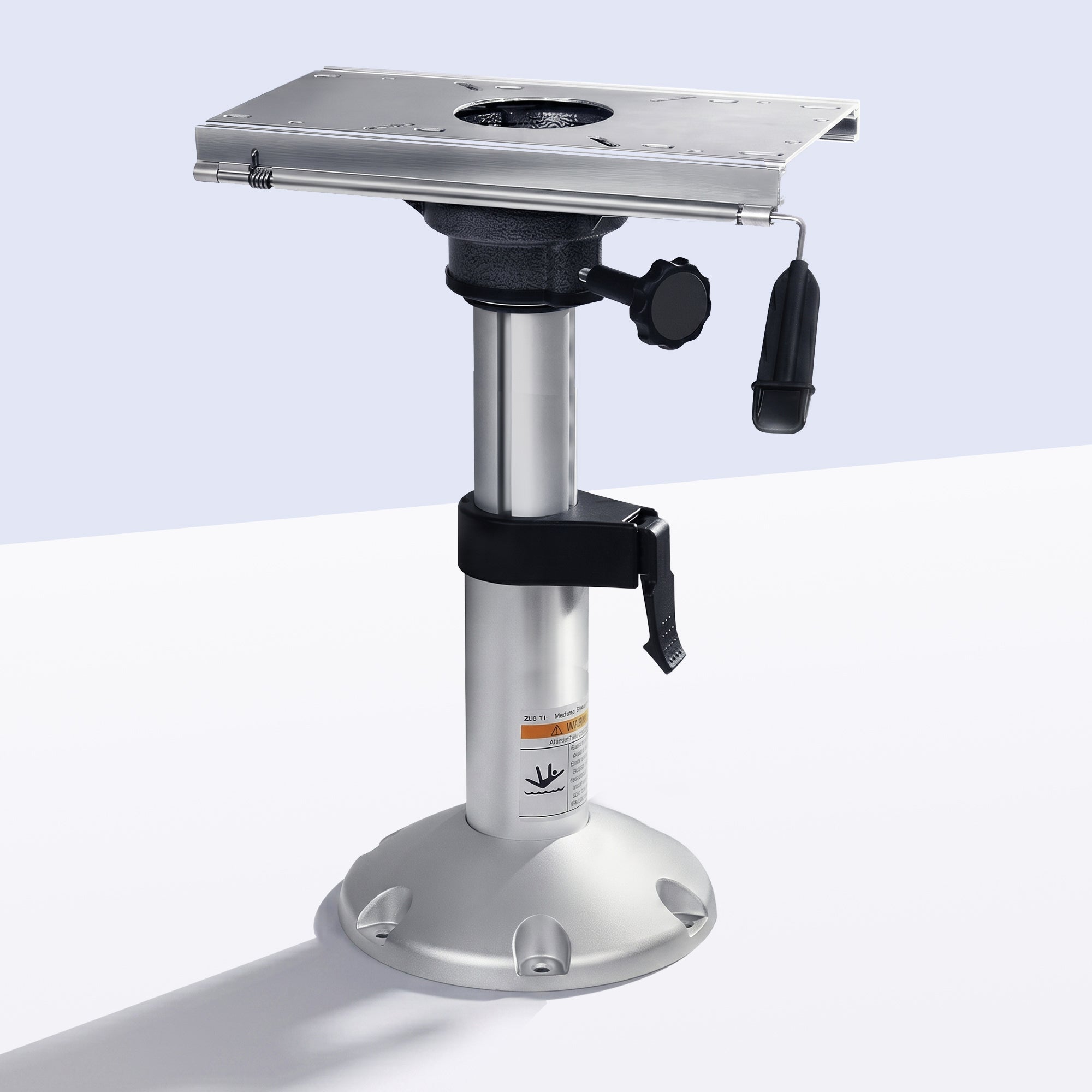 Marinexplore adjustable height boat seat pedestal with silver anodized finish and integrated slide mount slider bracket.
