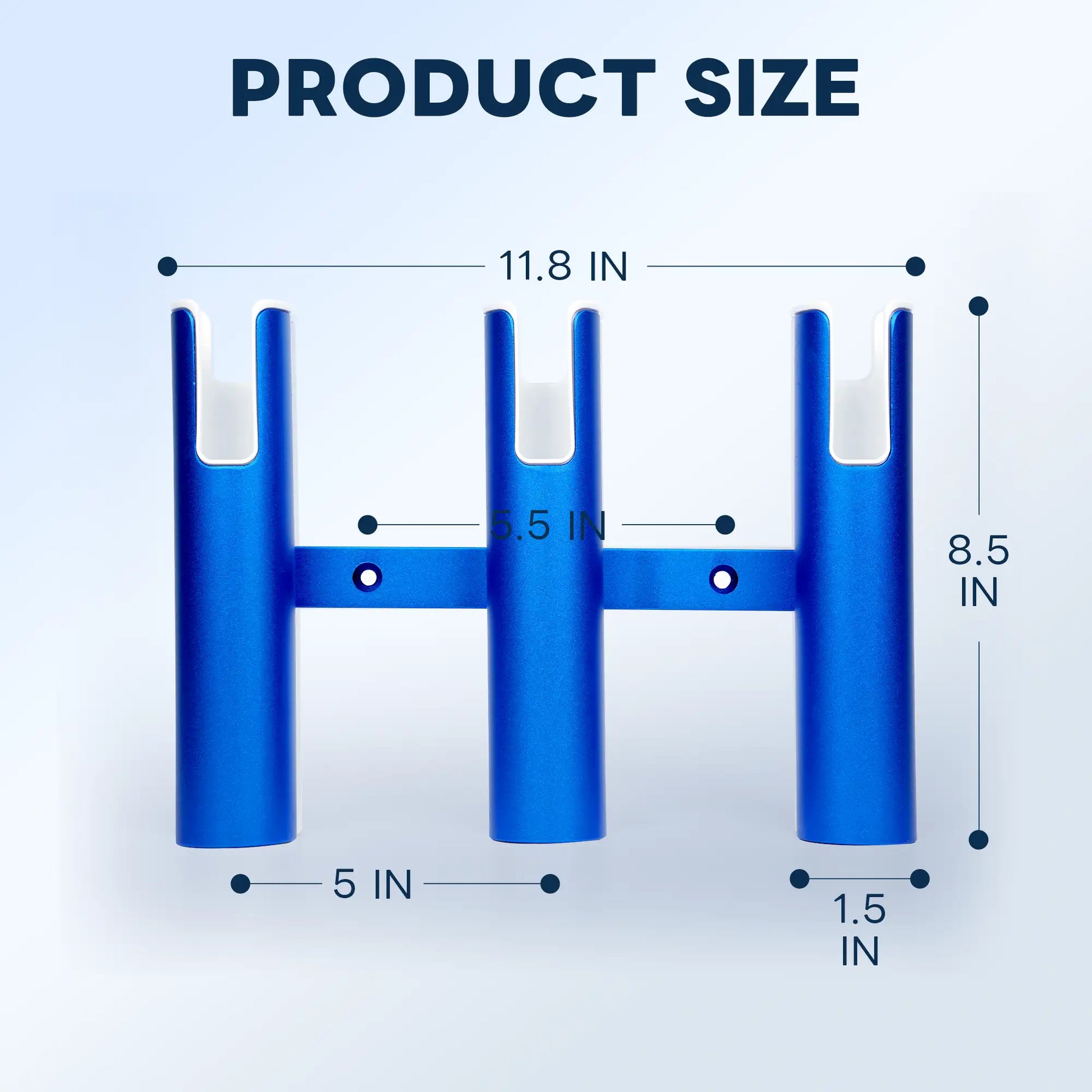 Dimension diagram of Marinexplore blue 3-tube aluminum fishing rod holder showing 11.8-inch total width, 8.5-inch height, 5.5-inch tube spacing, and 1.5-inch tube inner diameter.