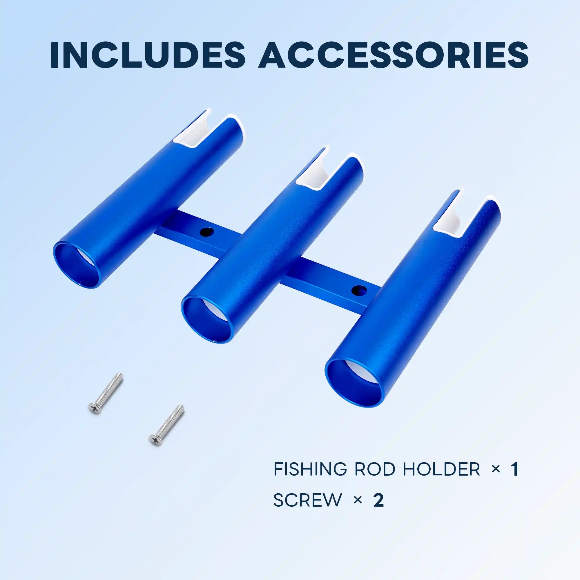 Marinexplore blue 3-tube aluminum fishing rod holder photographed from above at an angle, showing open hollow tube bottoms and white plastic liners, with 2 included mounting screws beside it.