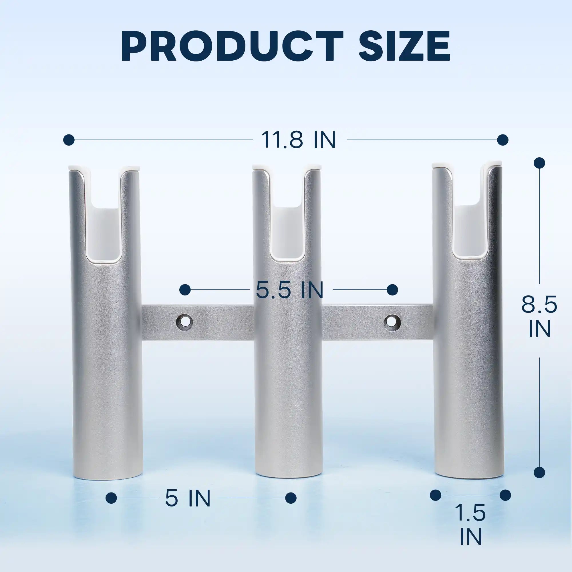 Size diagram of Marinexplore 3-tube silver aluminum fishing rod holder measuring 11.8 inches wide, 8.5 inches tall, with 5.5-inch tube spacing and 1.5-inch tube diameter.