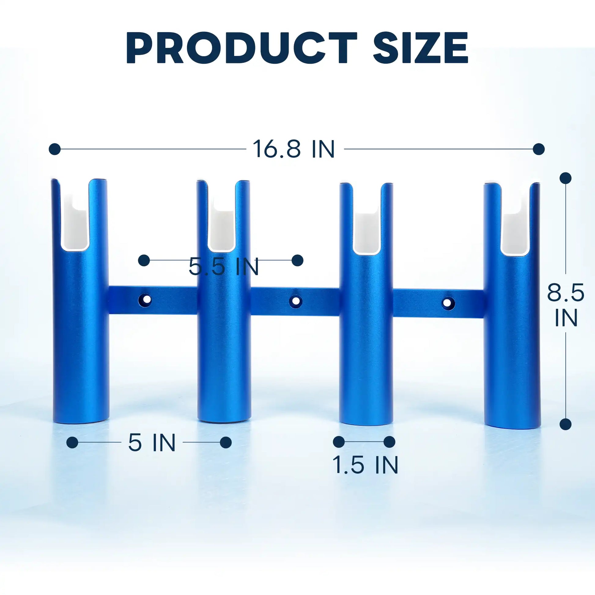 Product size chart for Marinexplore blue 4-tube aluminum fishing rod rack showing 16.8-inch overall width, 8.5-inch height, 5.5-inch center-to-center tube spacing, and 1.5-inch tube diameter.