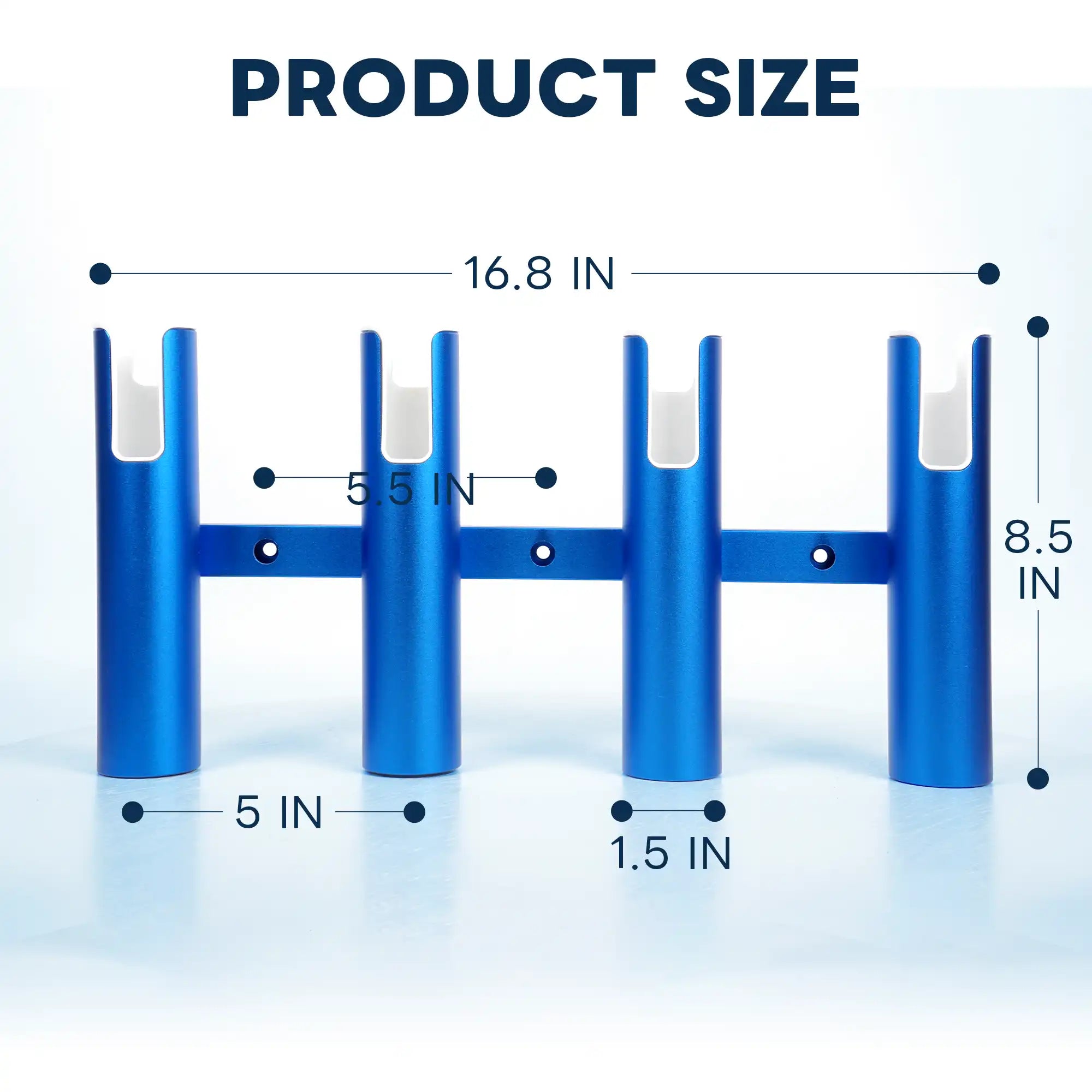 Product size chart for Marinexplore blue 4-tube aluminum fishing rod rack showing 16.8-inch overall width, 8.5-inch height, 5.5-inch center-to-center tube spacing, and 1.5-inch tube diameter.