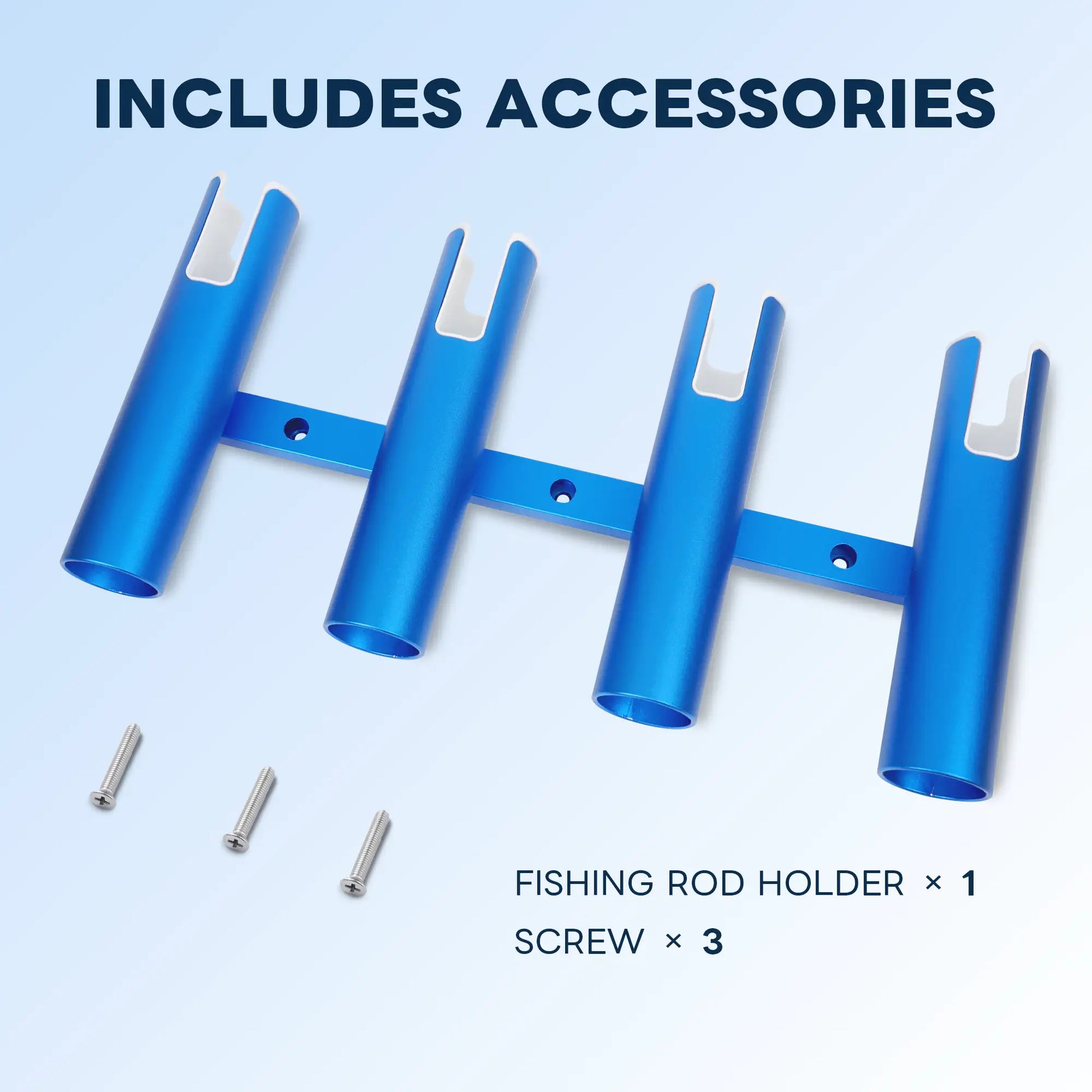 Overhead angled view of Marinexplore blue 4-tube aluminum fishing rod rack with open tube bottoms and white protective liners visible, displayed alongside 3 included stainless steel mounting screws.