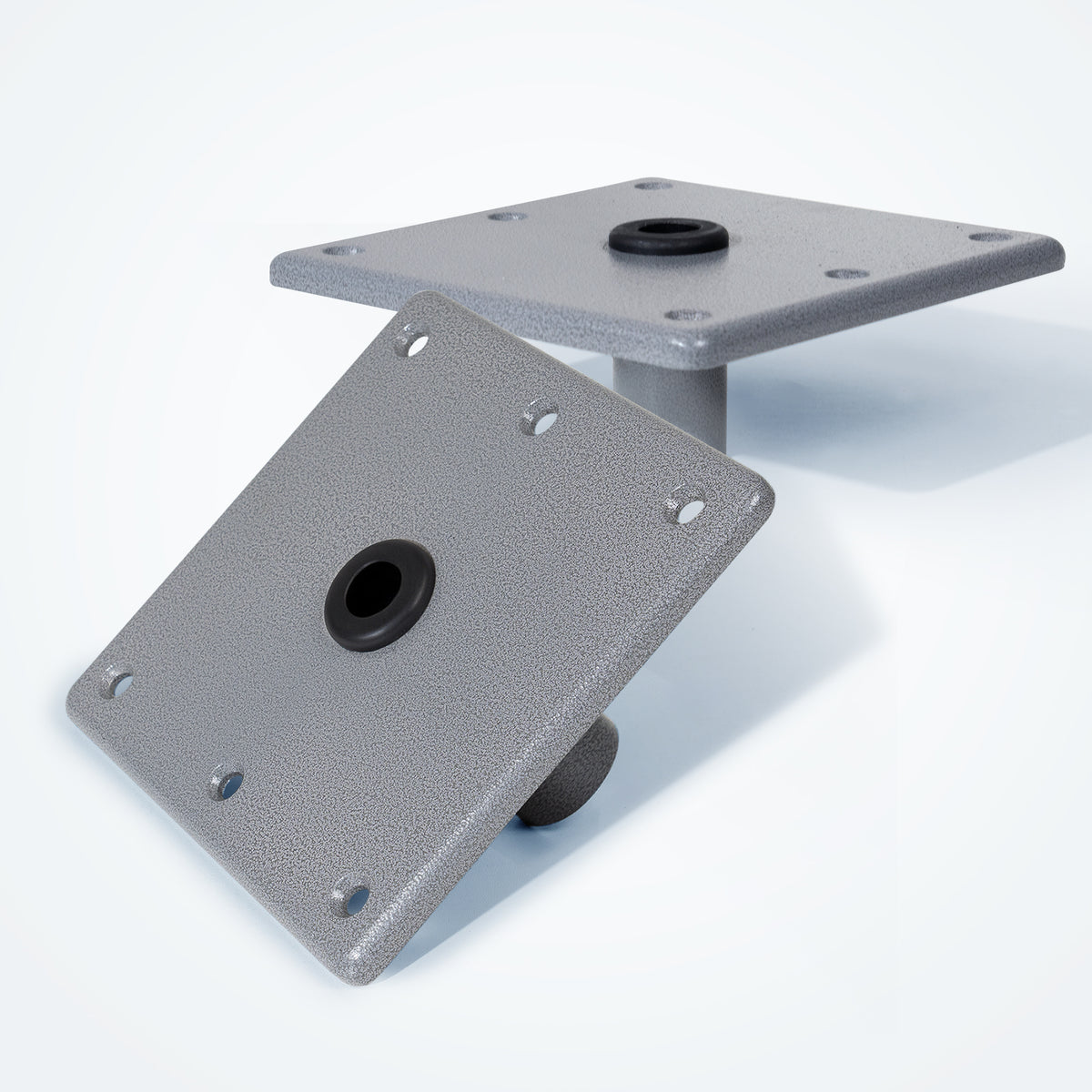 Two pieces of marinexplore silver aluminum boat seat mounting plates shown from top and side angles highlighting the smooth pedestal tube.