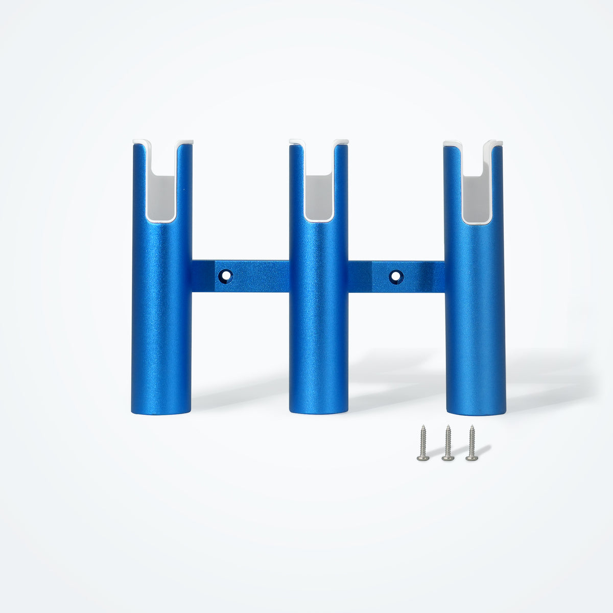 Marinexplore blue anodized aluminum 3-tube fishing rod holder with white plastic liners and 3 stainless mounting screws, front view on white surface.