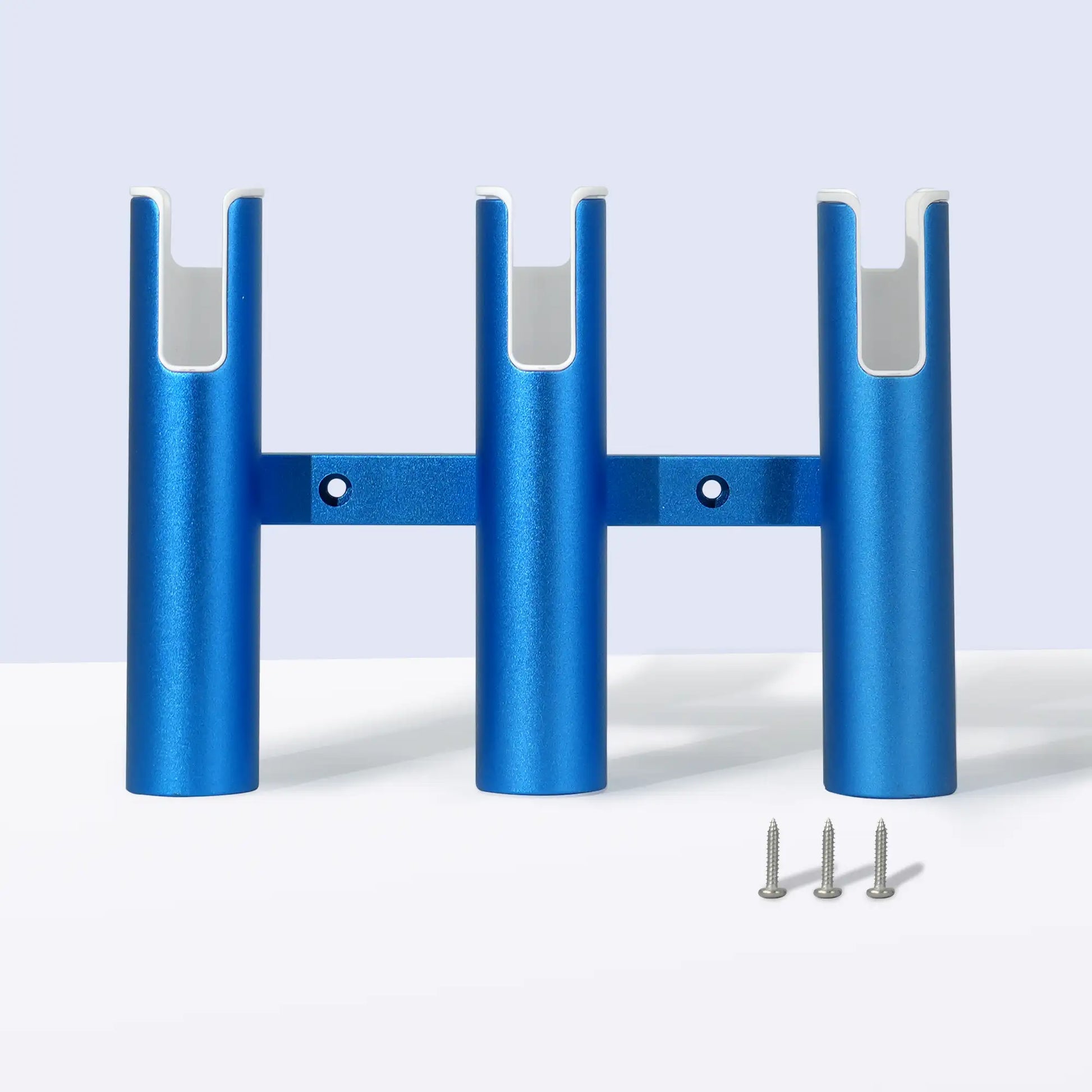 Marinexplore blue anodized aluminum 3-tube fishing rod holder with white plastic liners and 3 stainless mounting screws, front view on white surface.