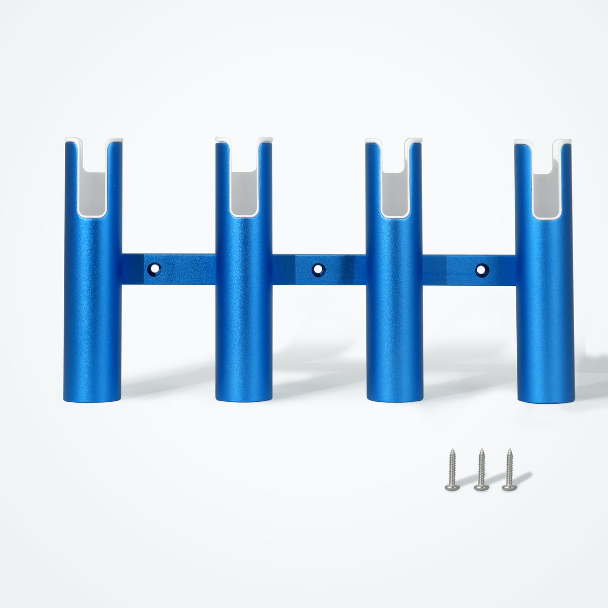 Marinexplore blue aluminum 4-tube wall-mount fishing rod rack with white rod-protective liners and 3 included screws, straight-on front view.