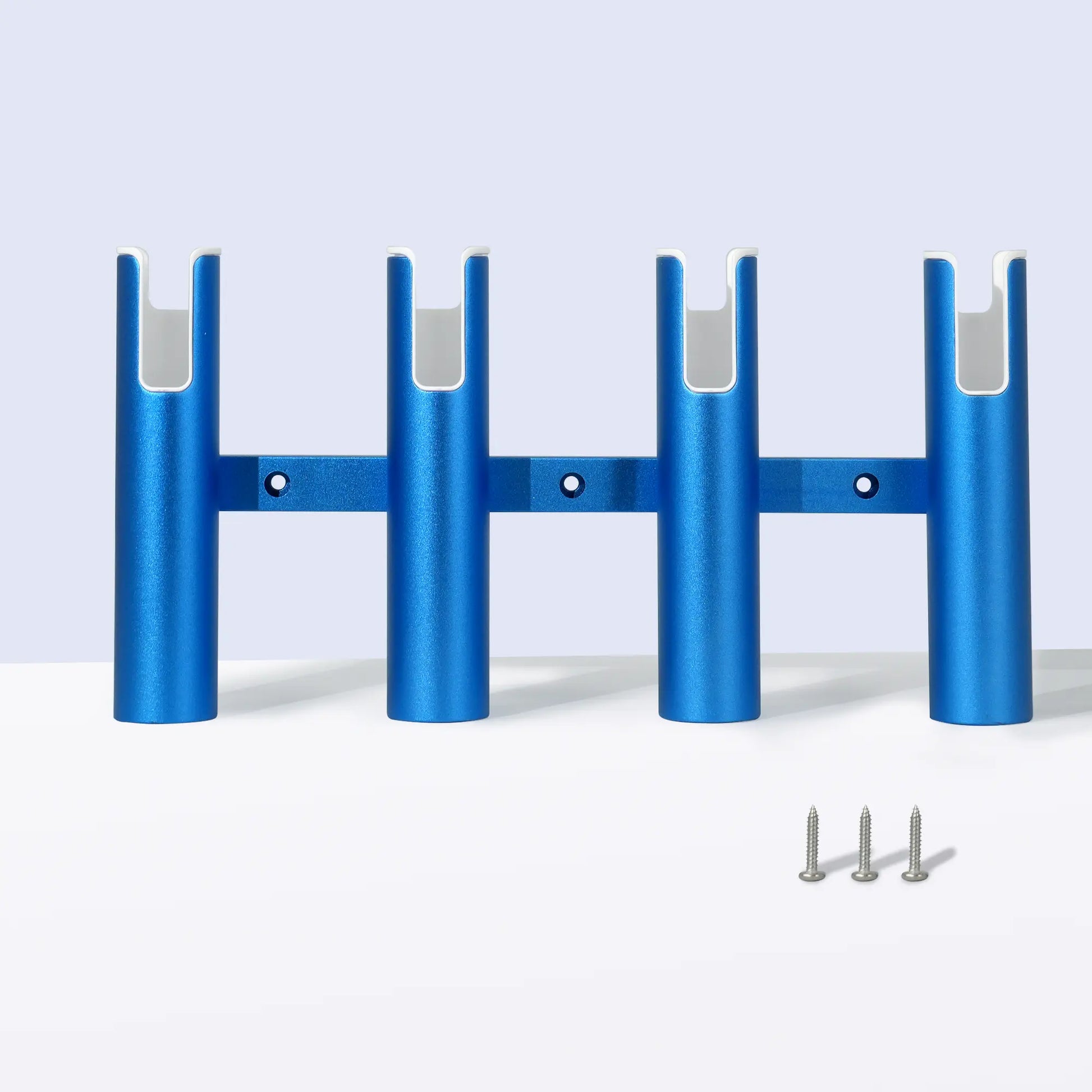 Marinexplore blue aluminum 4-tube wall-mount fishing rod rack with white rod-protective liners and 3 included screws, straight-on front view.