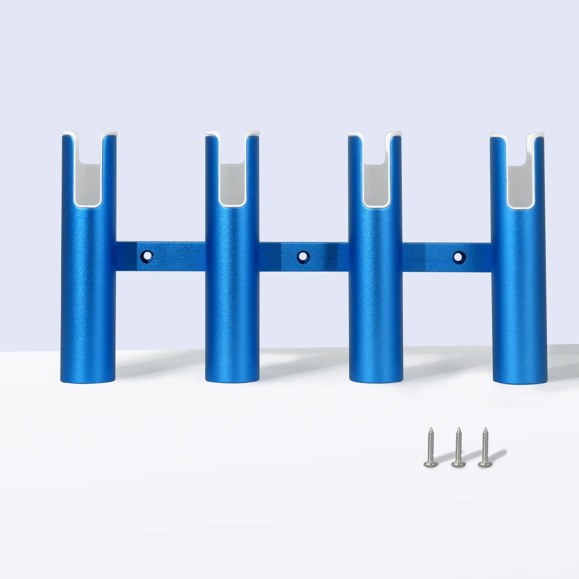 Marinexplore blue aluminum 4-tube wall-mount fishing rod rack with white rod-protective liners and 3 included screws, straight-on front view.