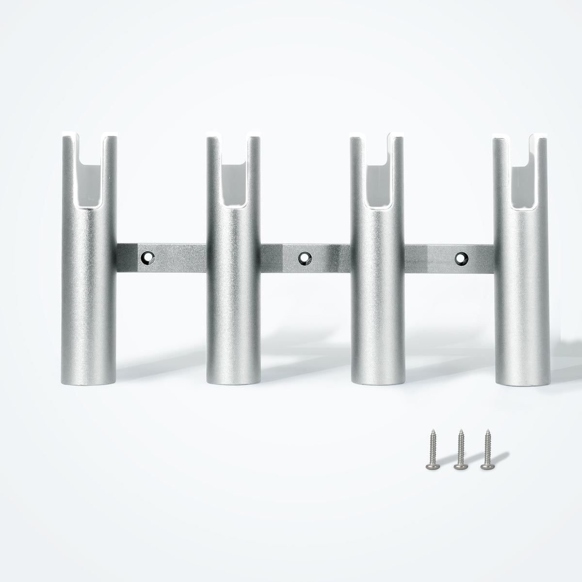 Marinexplore silver anodized aluminum 4-tube fishing rod rack wall mount with 3 included screws, front view.