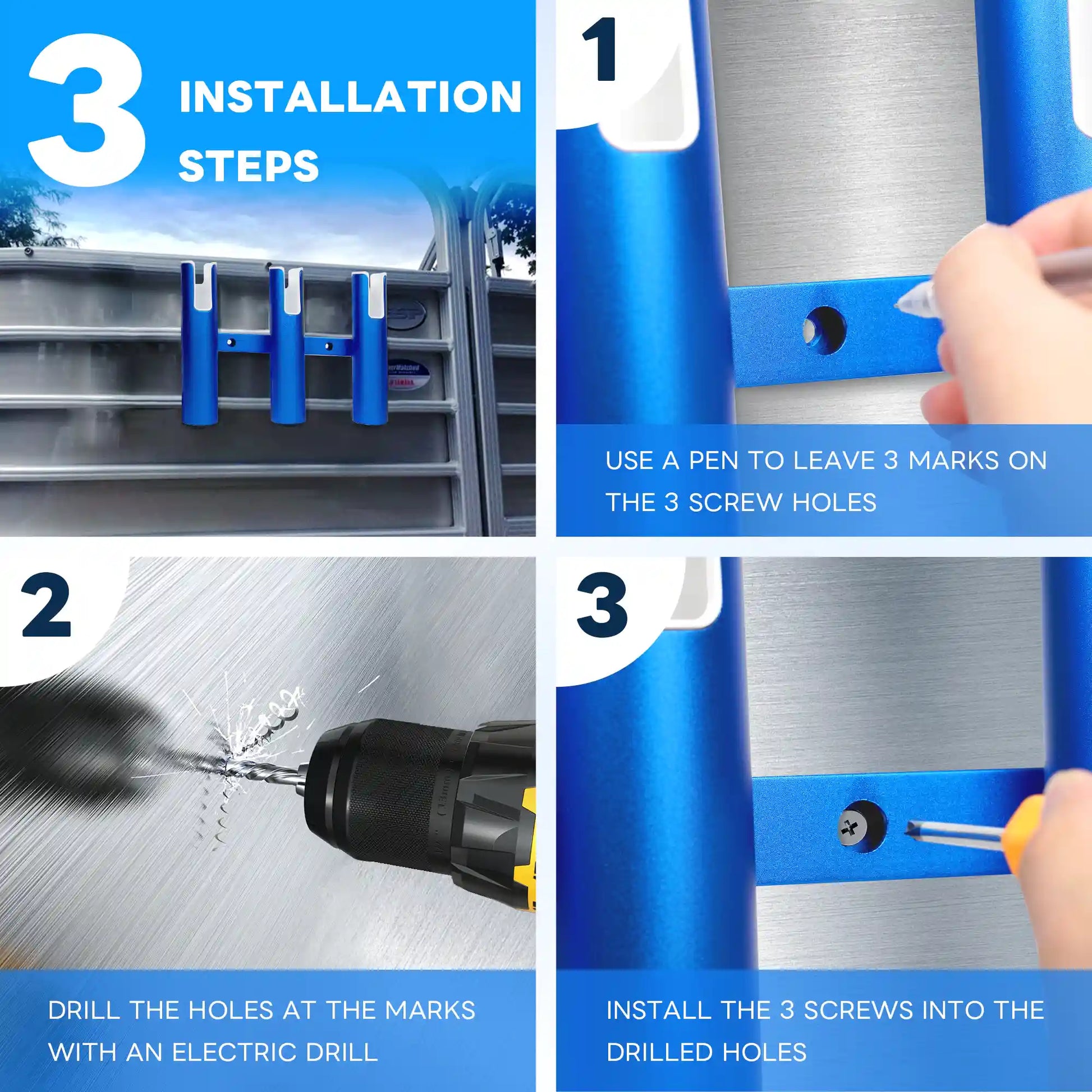 Step-by-step installation guide for Marinexplore blue boat fishing rod holder: step 1 mark 3 screw hole positions with a pen, step 2 drill holes using an electric drill, step 3 fasten screws into the drilled holes on boat wall.