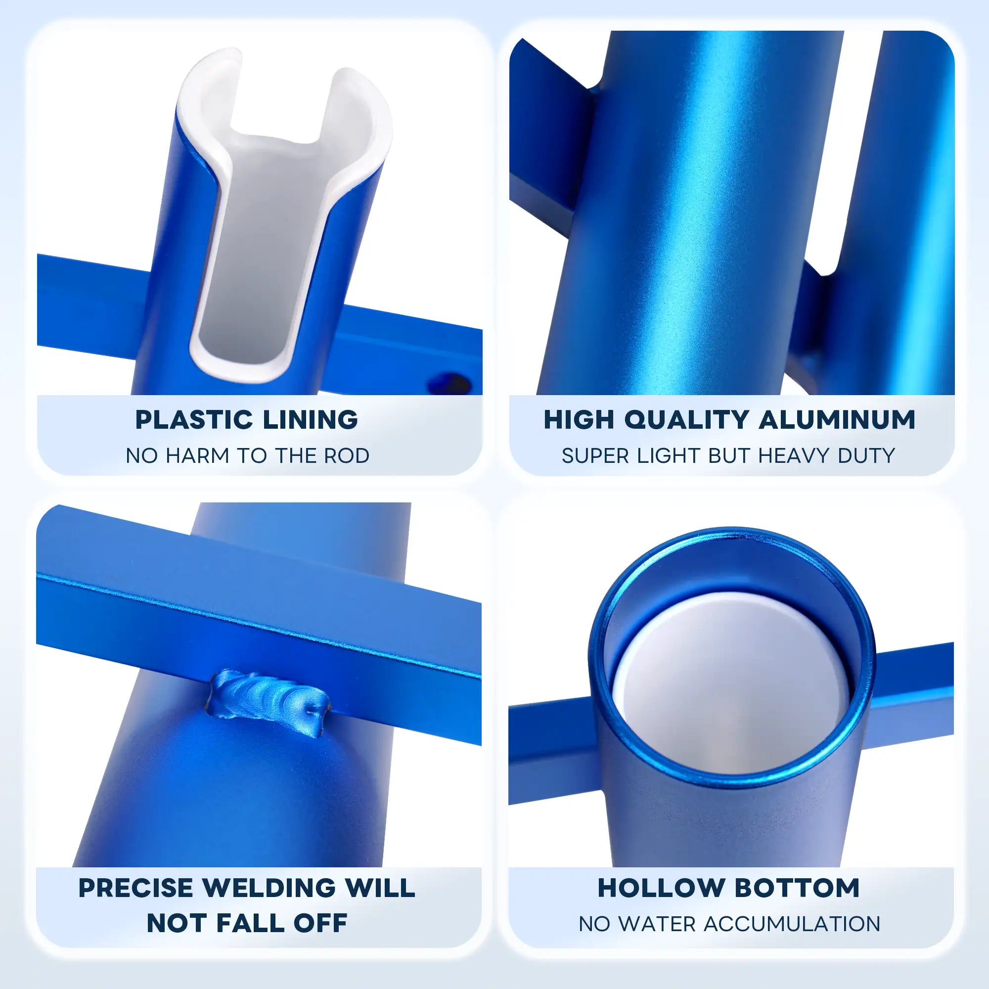 Close-up detail shots of Marinexplore blue aluminum fishing rod holder highlighting scratch-resistant white plastic liner insert, anodized aluminum tube body, reinforced welding joint, and hollow open bottom for drainage.