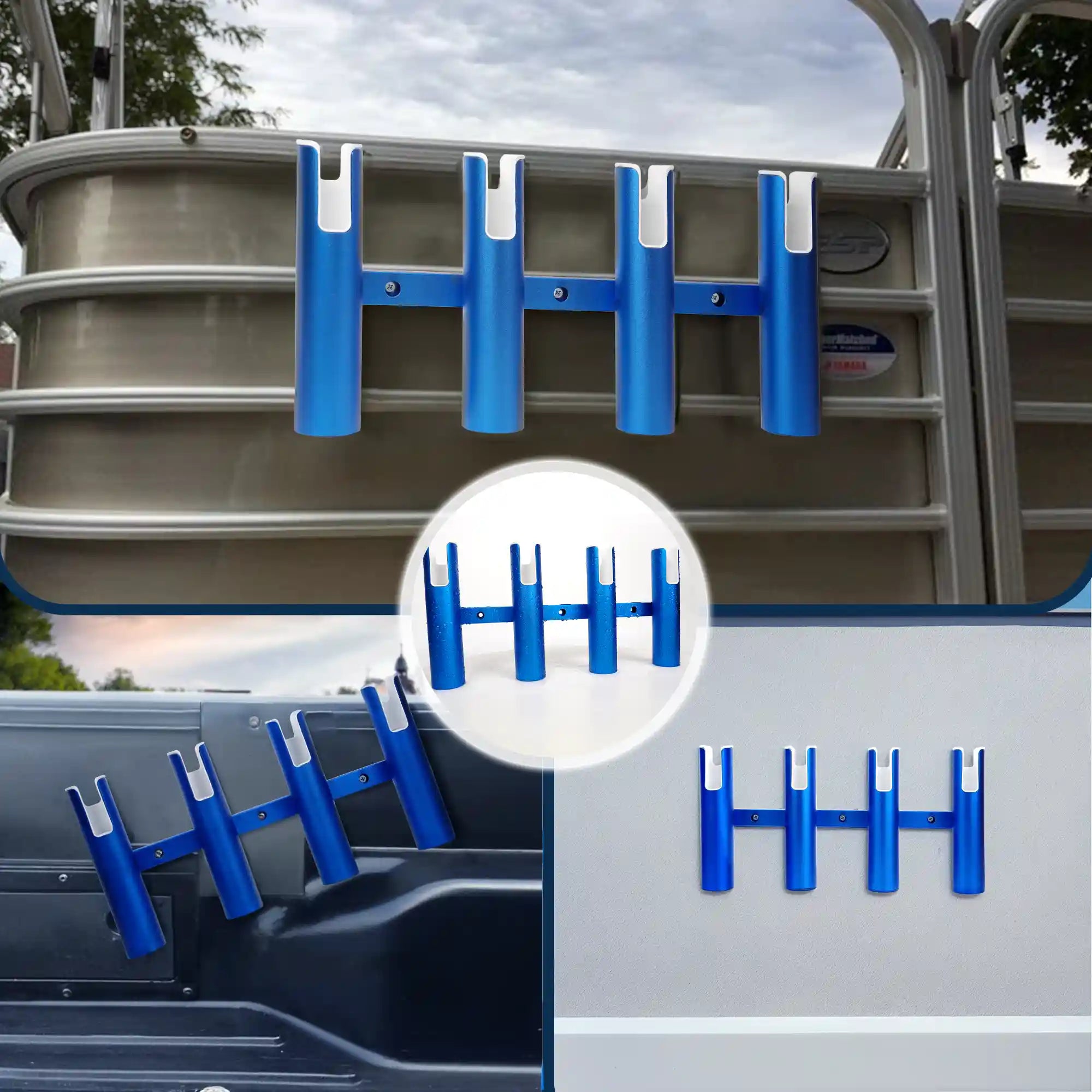 Marinexplore blue aluminum fishing rod holder shown installed in three real-world locations: mounted on a pontoon boat railing outdoors, fitted inside a truck bed sidewall, and screwed onto an indoor garage wall for multipurpose rod storage.
