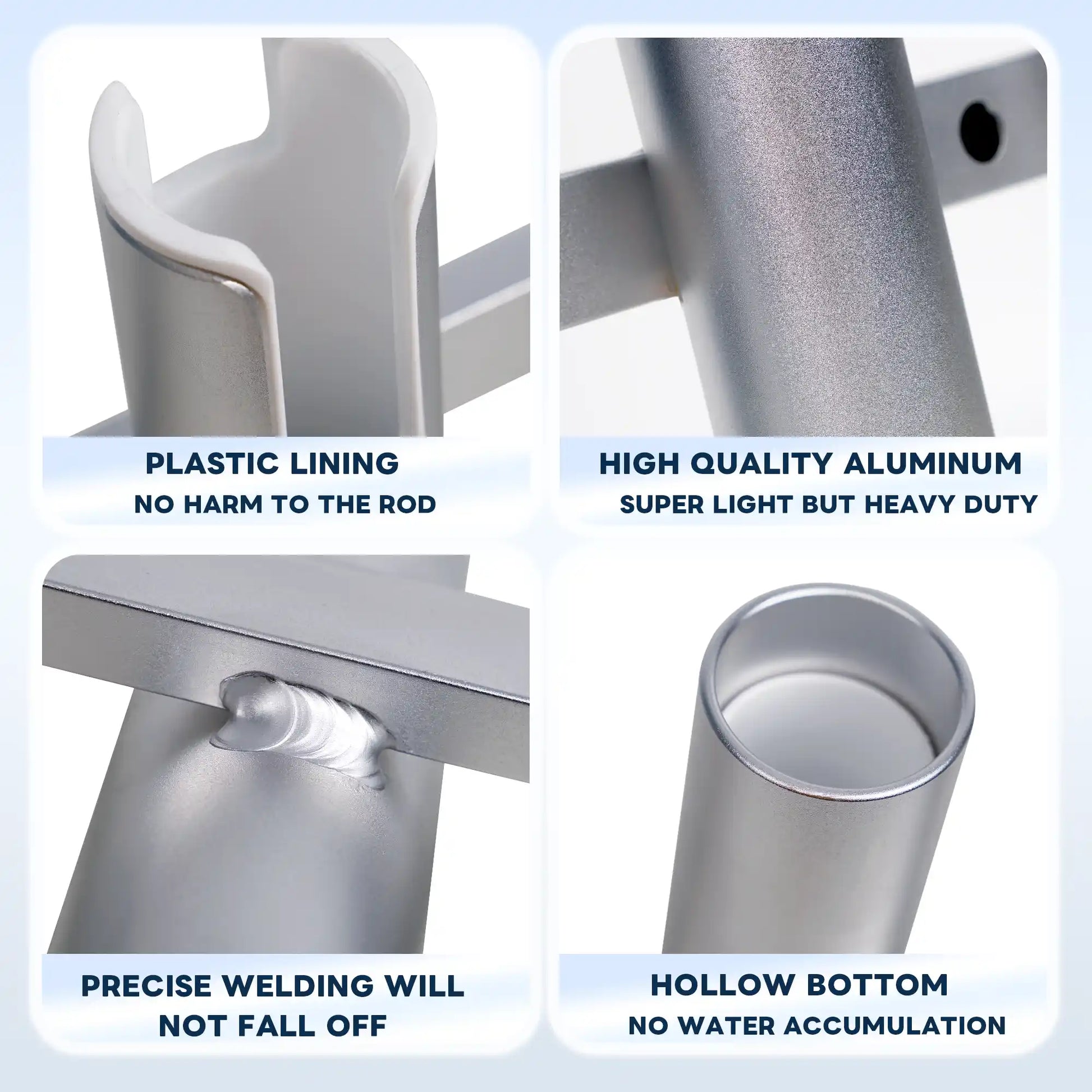 Detail shots of Marinexplore aluminum fishing rod holder showing plastic rod-protective lining, anodized aluminum body, precision welding joints, and hollow bottom for water drainage.