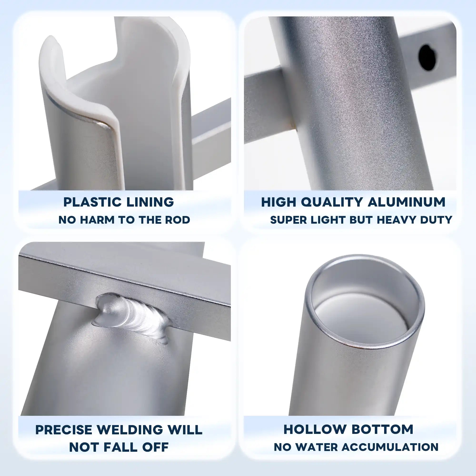 Detail shots of Marinexplore aluminum fishing rod holder showing plastic rod-protective lining, anodized aluminum body, precision welding joints, and hollow bottom for water drainage.