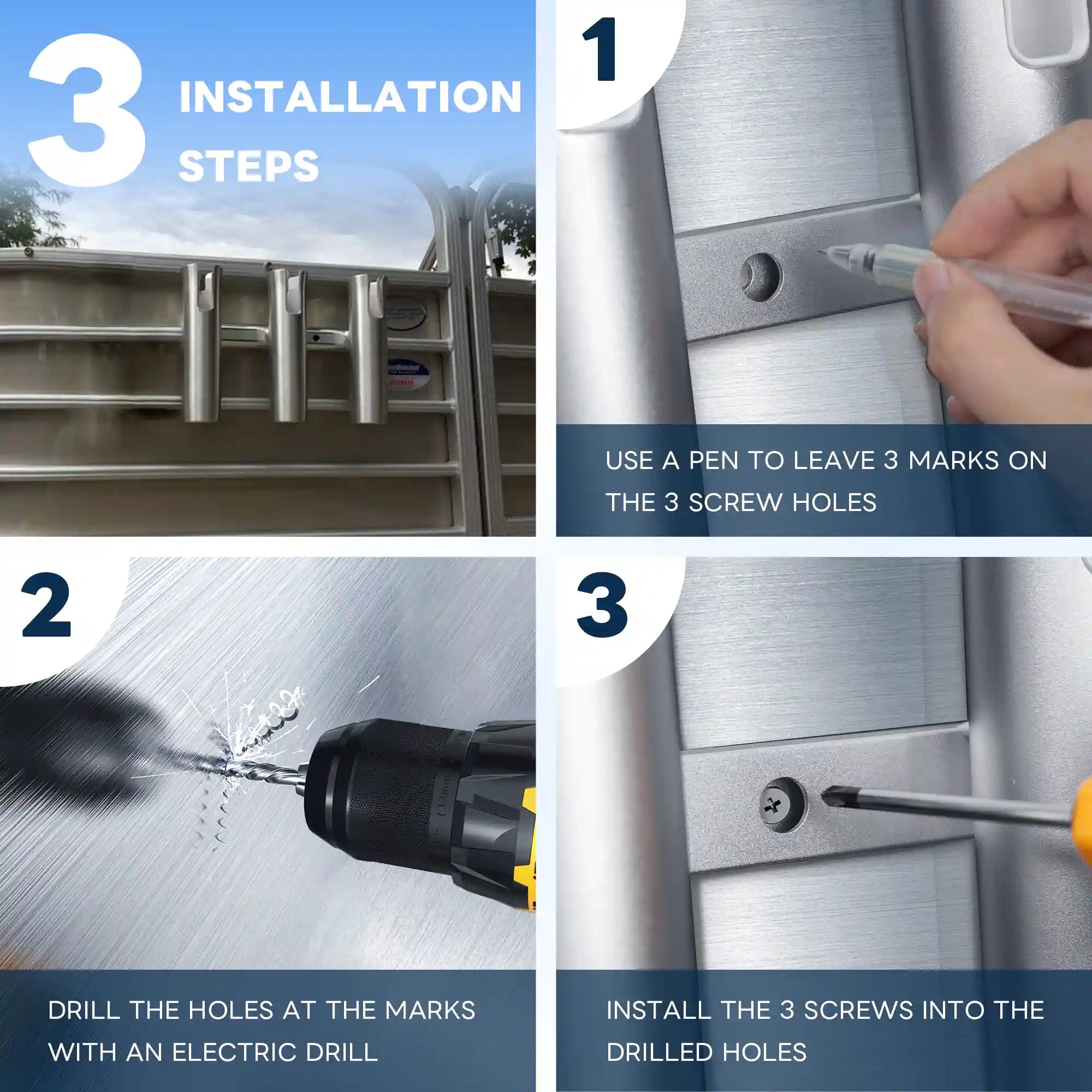 Three-step installation guide for Marinexplore boat fishing rod holder: mark screw hole positions with a pen, drill holes with electric drill, then secure with 3 screws onto boat wall.