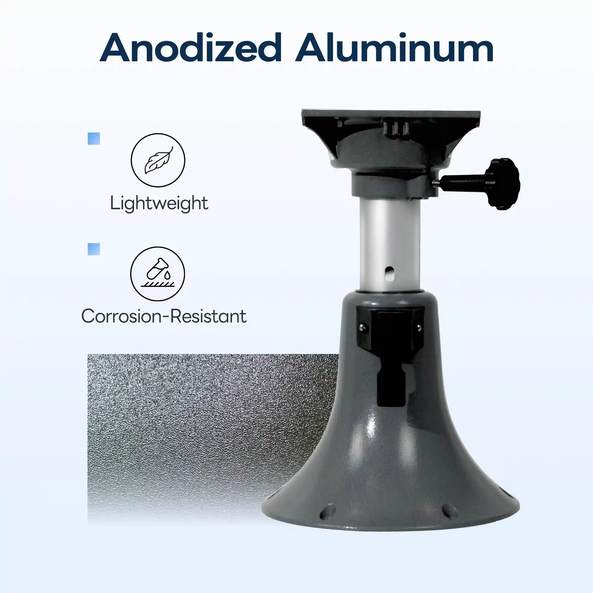 Close-up of the Marinexplore boat seat pedestal made from premium anodized aluminum, emphasizing its lightweight and rust-resistant properties built for harsh marine and saltwater use.