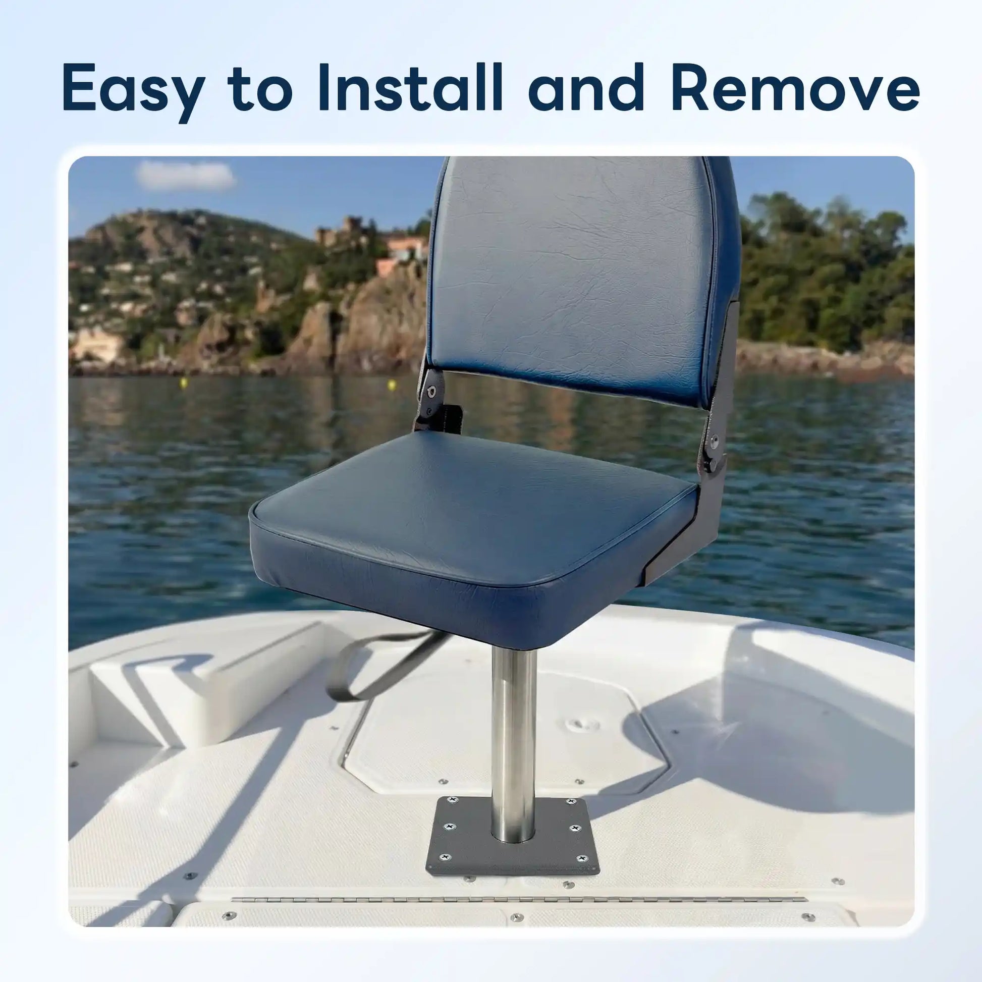 The marine folding seats are securely mounted onto boat decks using the stable marinexplore 7x7 aluminum seat base to reduce wobble.