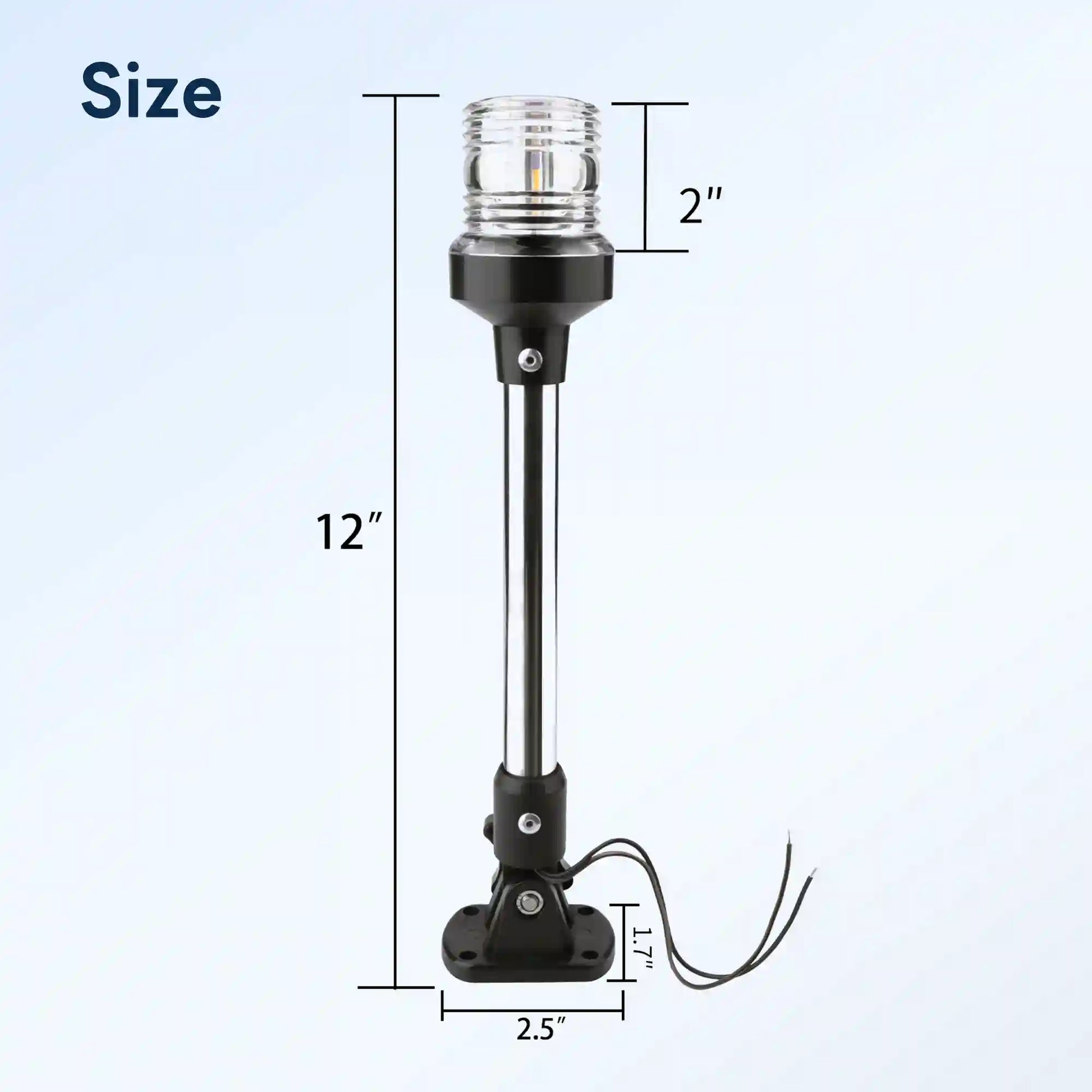 Marinexplore 12-inch anchor light size chart showing a 2-inch lens head, 12-inch total height, 2.5-inch base width, and 1.7-inch base height with wire leads extending from the folding mount.