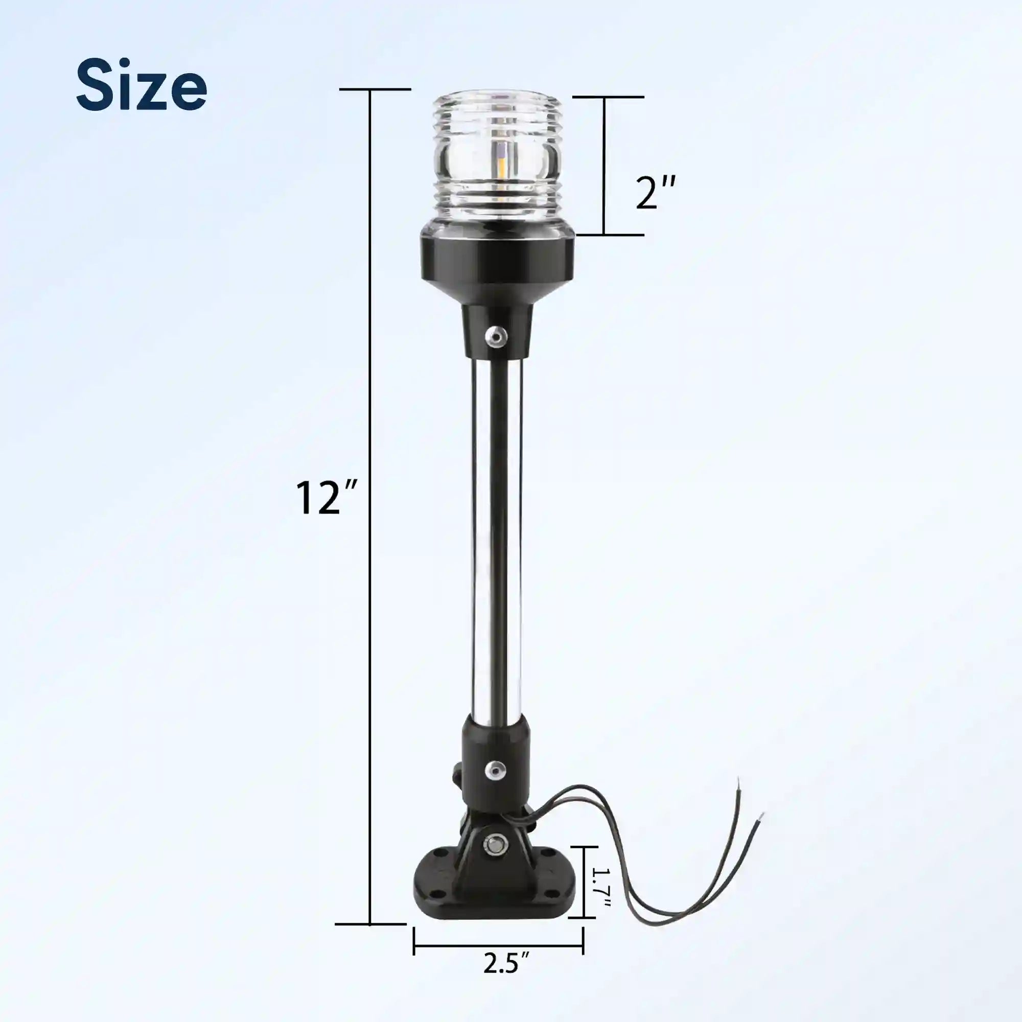 Marinexplore 12-inch anchor light size chart showing a 2-inch lens head, 12-inch total height, 2.5-inch base width, and 1.7-inch base height with wire leads extending from the folding mount.