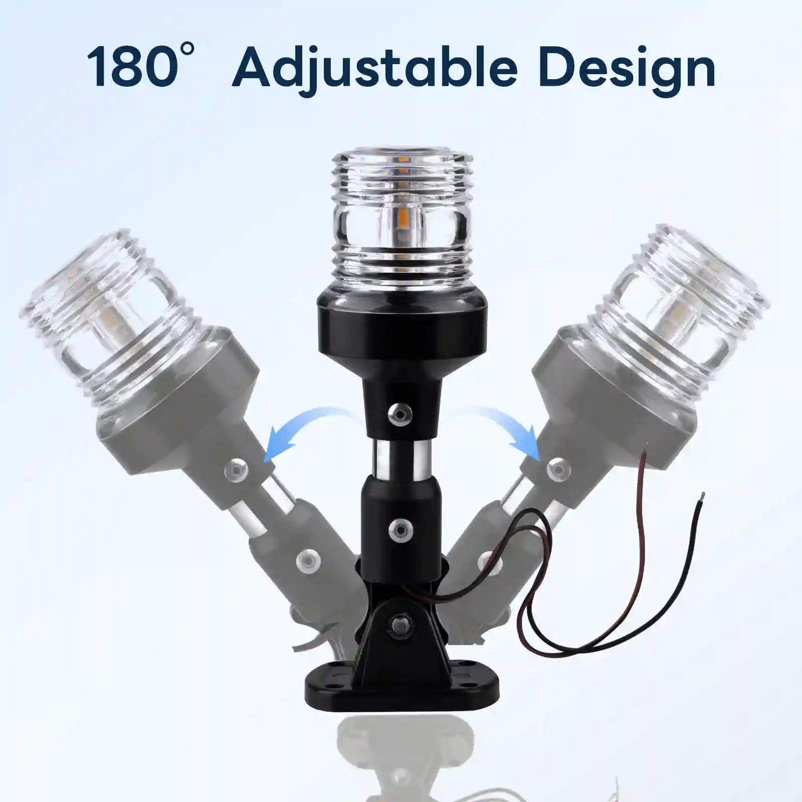 Diagram showing a Marinexplore anchor light tilted left, upright, and tilted right to demonstrate its 180-degree adjustable fold-down base design.