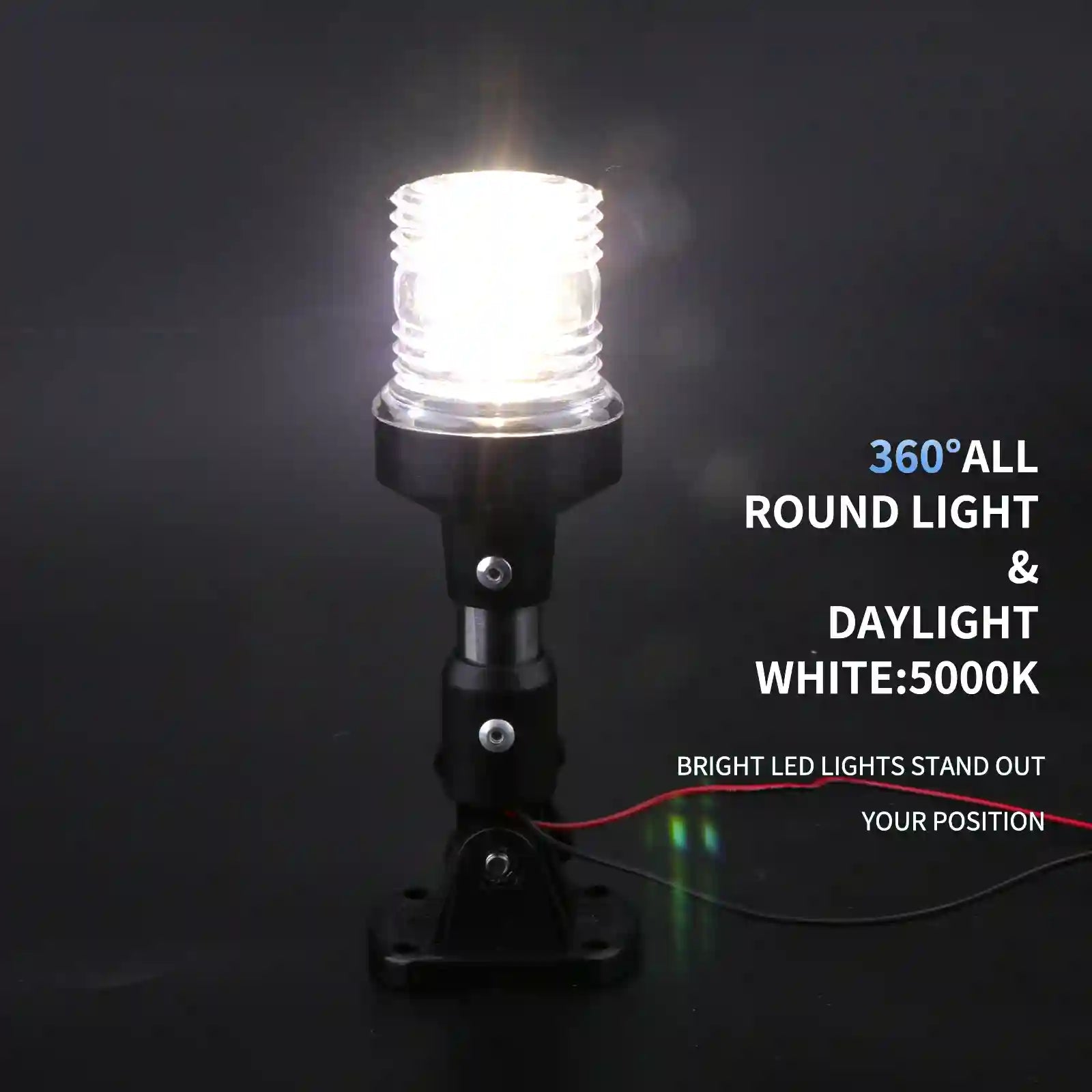 Marinexplore anchor light glowing bright white in a dark setting, labeled with 360-degree all-round light coverage and 5000K daylight white color temperature.