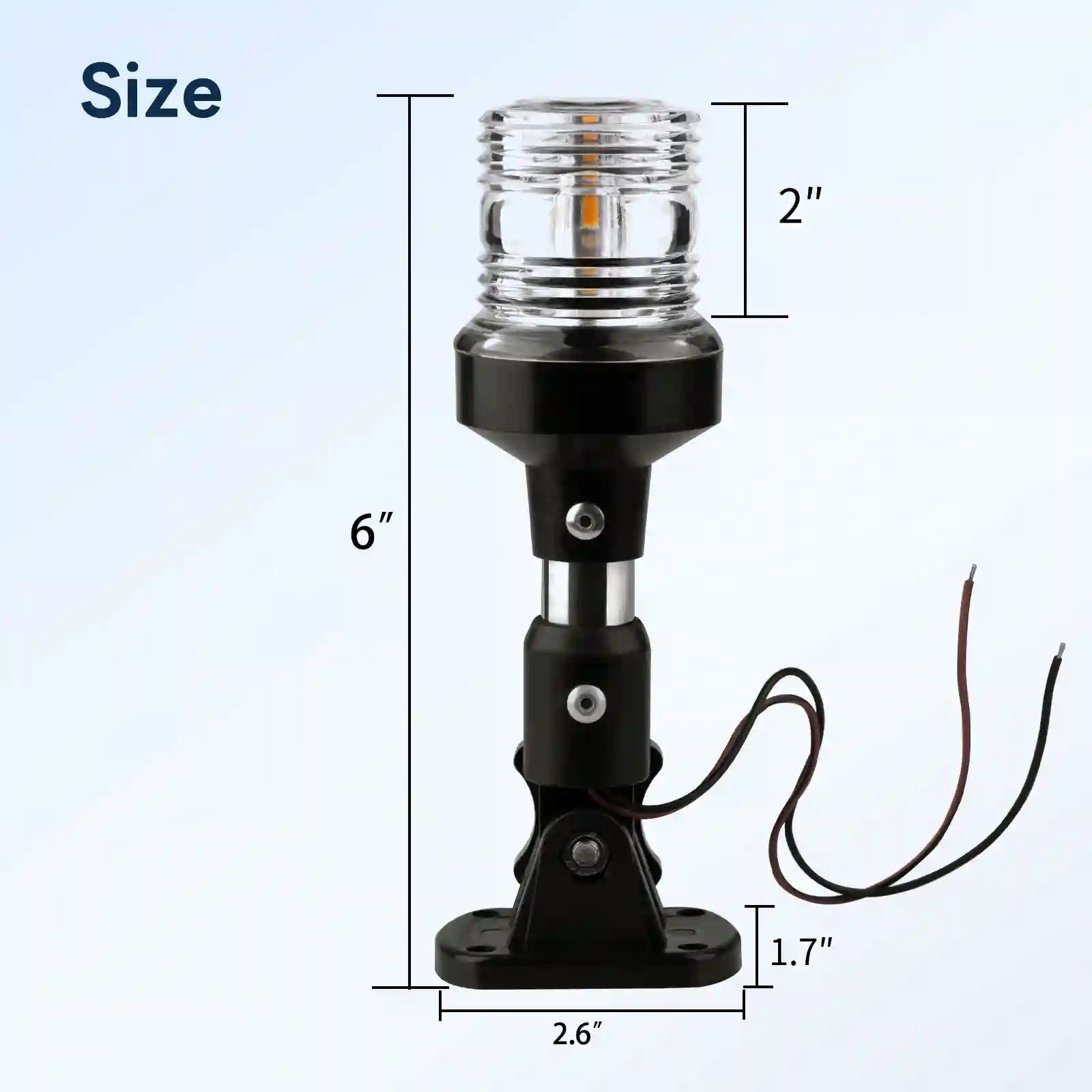 Marinexplore 6-inch anchor light size chart showing a 2-inch lens head, 6-inch total height, 2.6-inch base width, and 1.7-inch base height with wire leads extending from the folding mount.