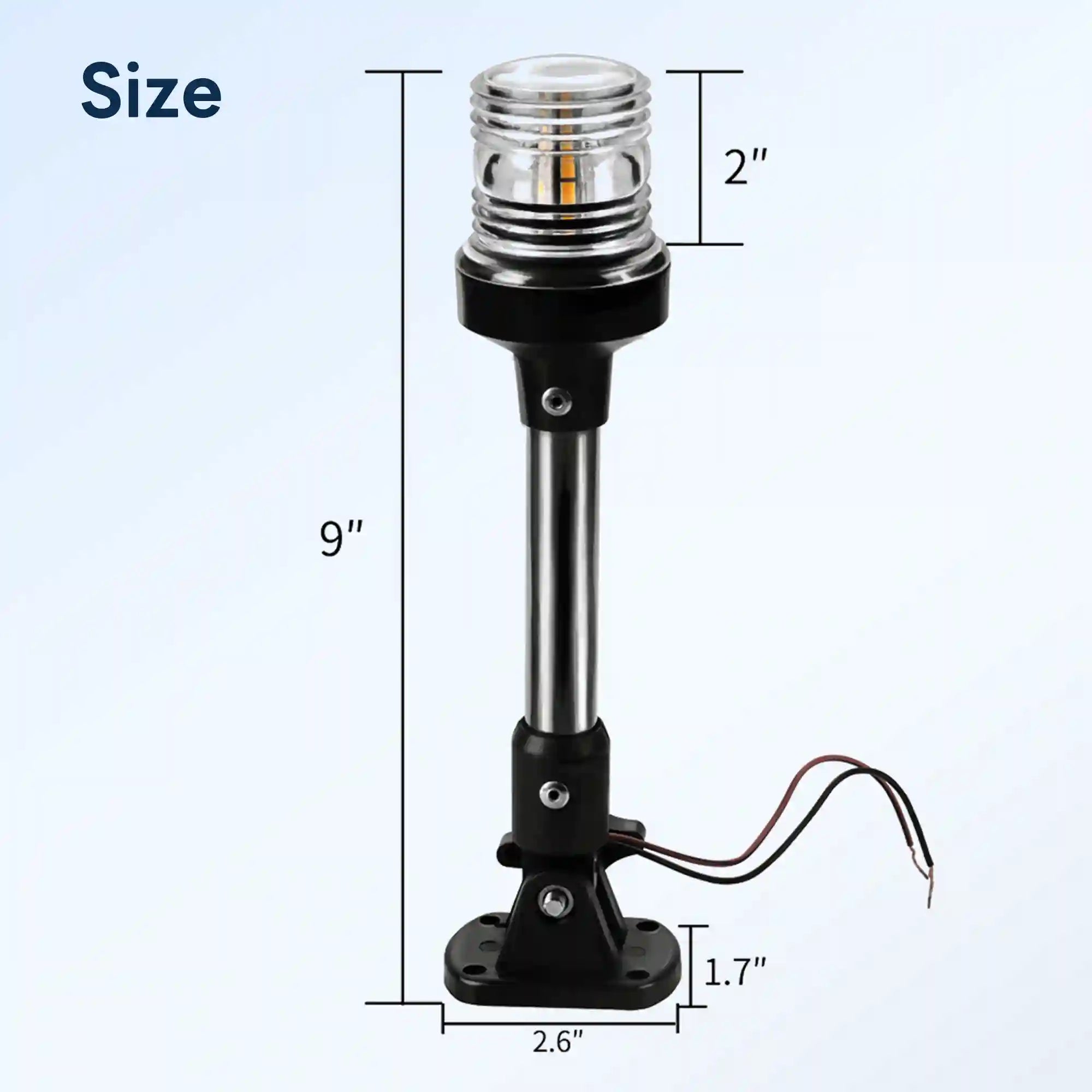 Marinexplore 9-inch anchor light size chart showing a 2-inch lens head, 9-inch total height, 2.6-inch base width, and 1.7-inch base height with wire leads extending from the folding mount.