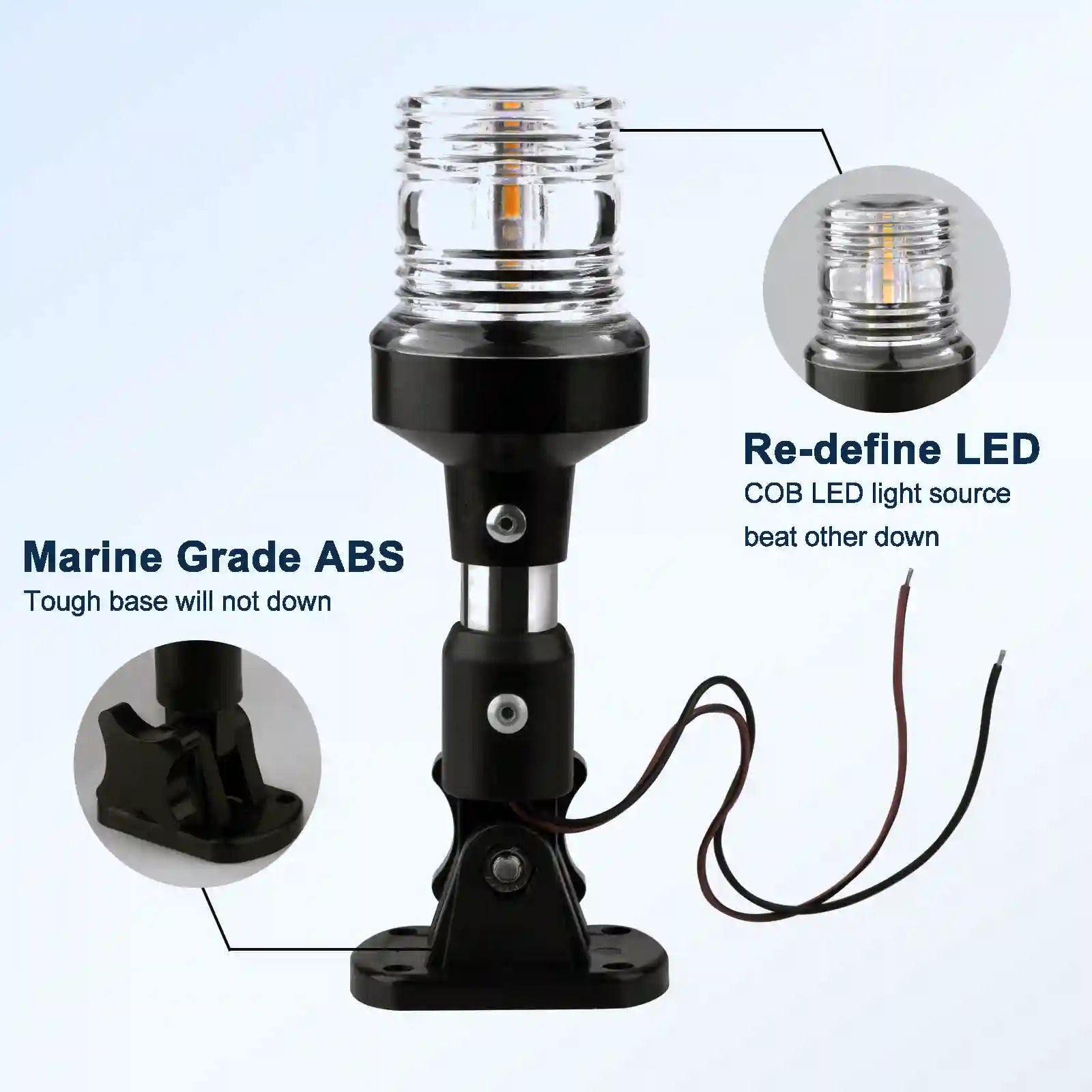 Marinexplore anchor light feature diagram highlighting the marine-grade ABS folding base in a close-up circle on the left and the COB LED light source in a close-up circle on the right.