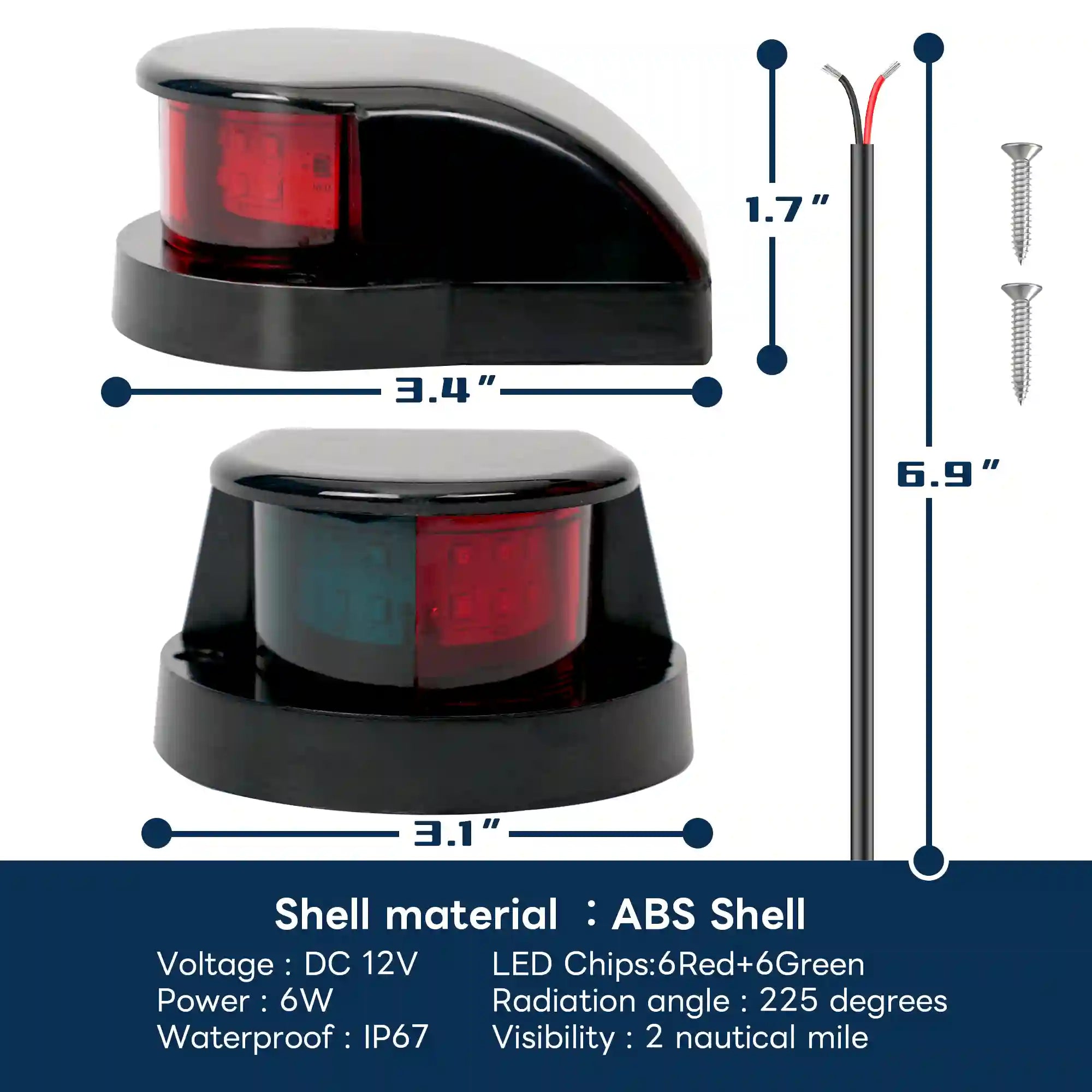 Marinexplore boat bow light specification sheet showing a side profile measuring 3.4 inches long and 1.7 inches tall, a top-down view measuring 3.1 inches wide, a 6.9-inch red and black wire lead, two mounting screws, and product details including DC 12V voltage, 6W power, IP67 waterproof rating, and 225-degree radiation angle.