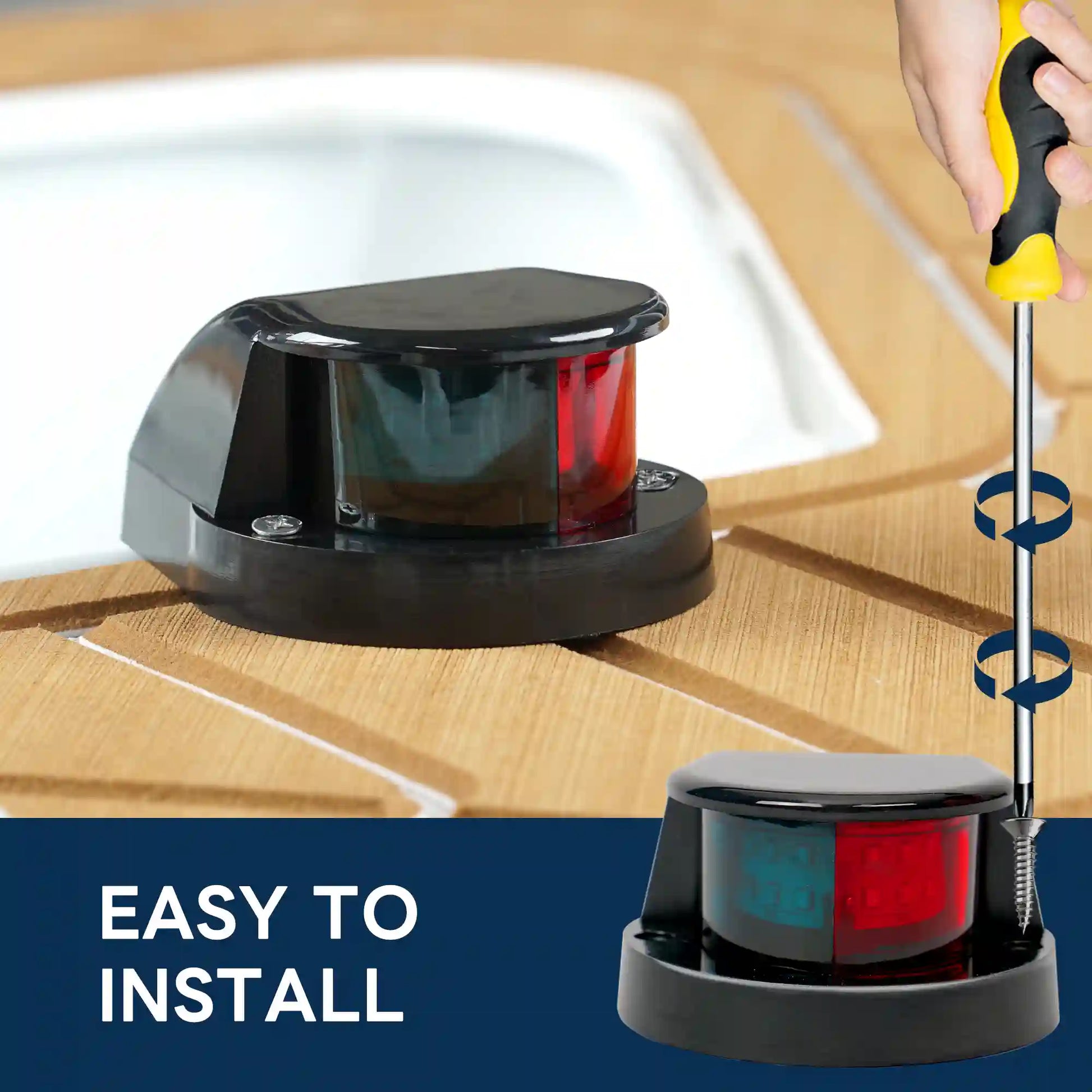 Installation scene showing a Marinexplore black bow navigation light with green and red lens sitting on a teak boat deck, a hand holding a yellow-handled screwdriver above it, with an "Easy to Install" label and a close-up of the screw being driven into the mounting base below.