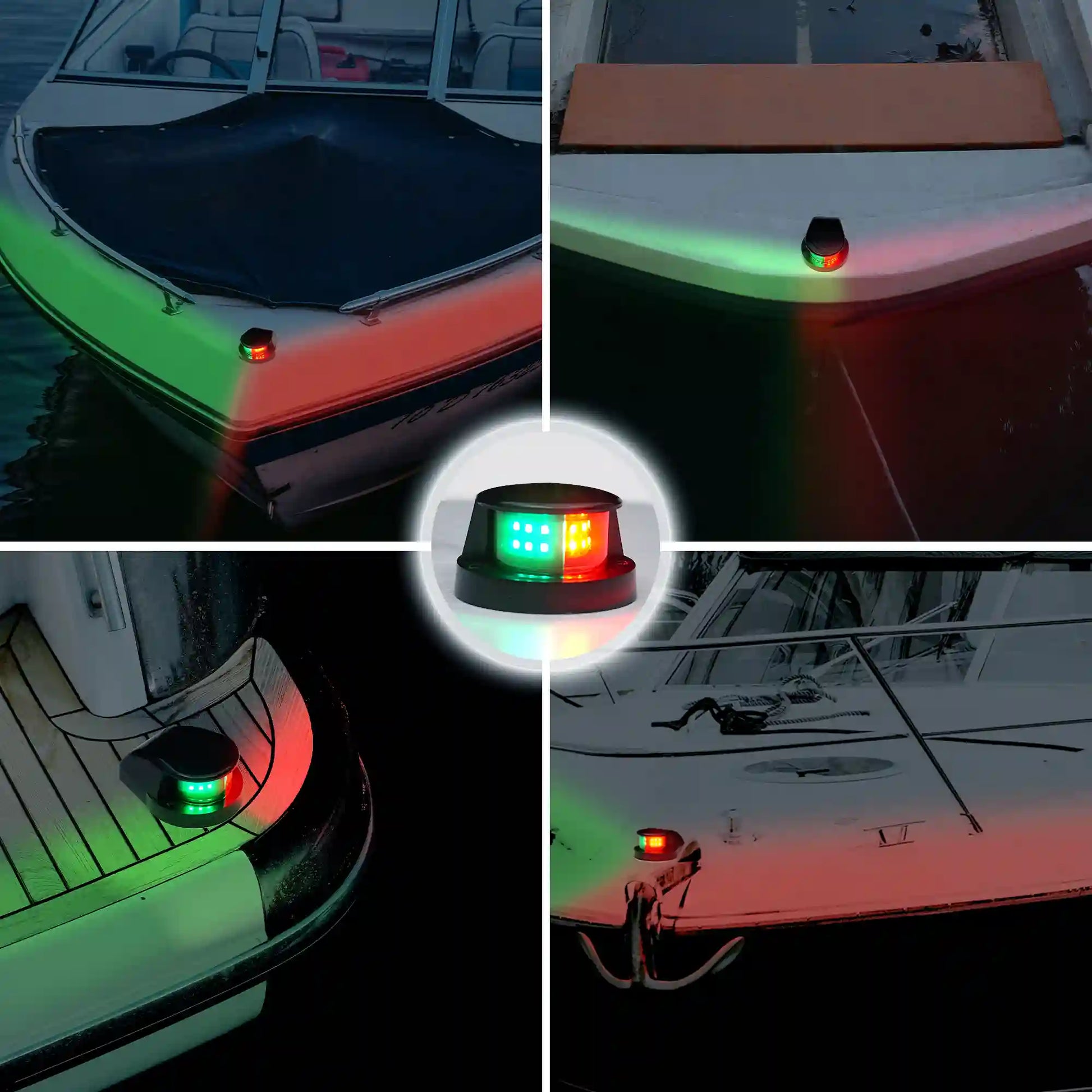 Four-panel nighttime collage showing a Marinexplore black bow navigation light installed on the corners of different boats and yachts, casting green light to port and red light to starboard across the hull and deck, with a centered close-up of the product's exposed LED chips.